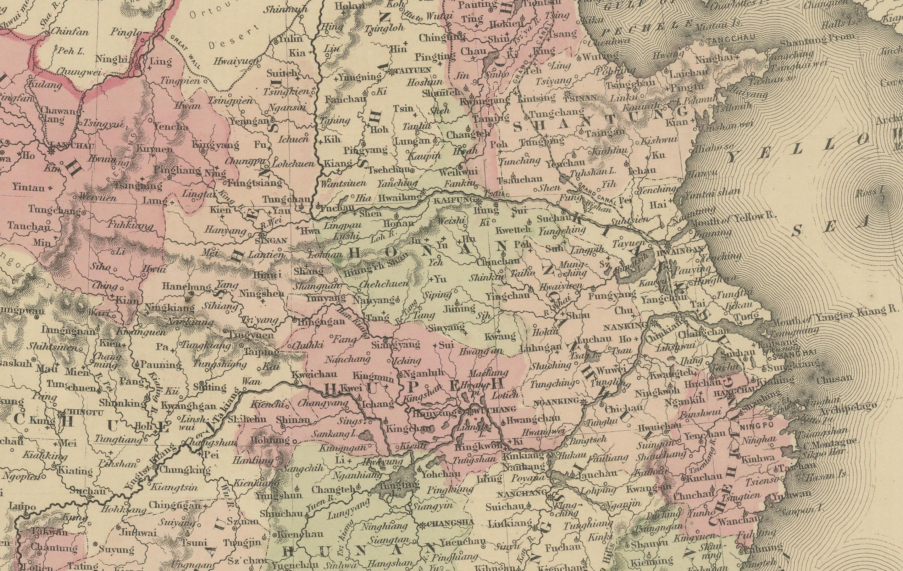 Mapa de China de Johnson con recuadro de Cantón, EE.UU. Publicado c.1864 - Coloreado a mano Estadounidense en venta