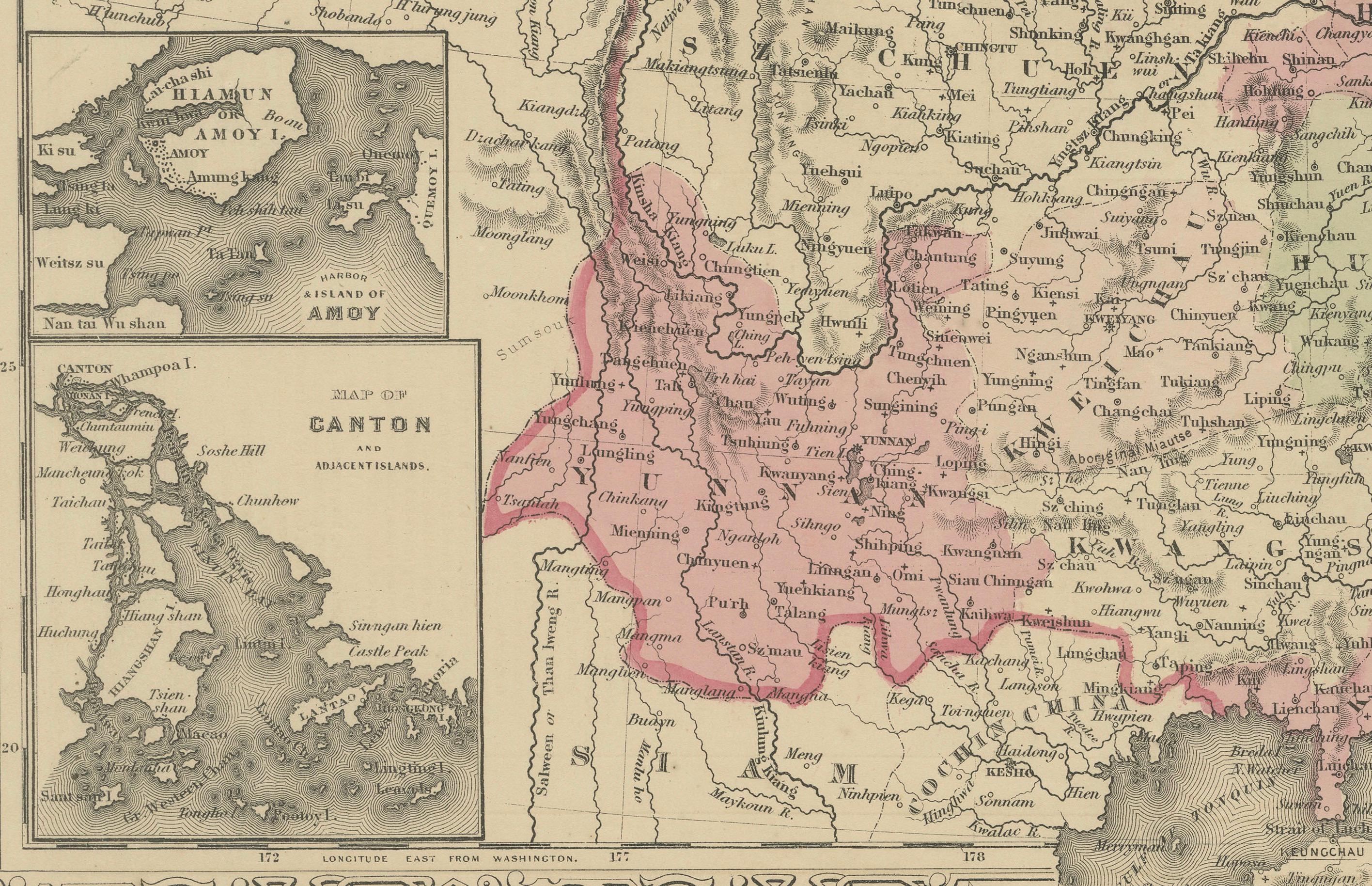 Mapa de China de Johnson con recuadro de Cantón, EE.UU. Publicado c.1864 - Coloreado a mano siglo XIX en venta