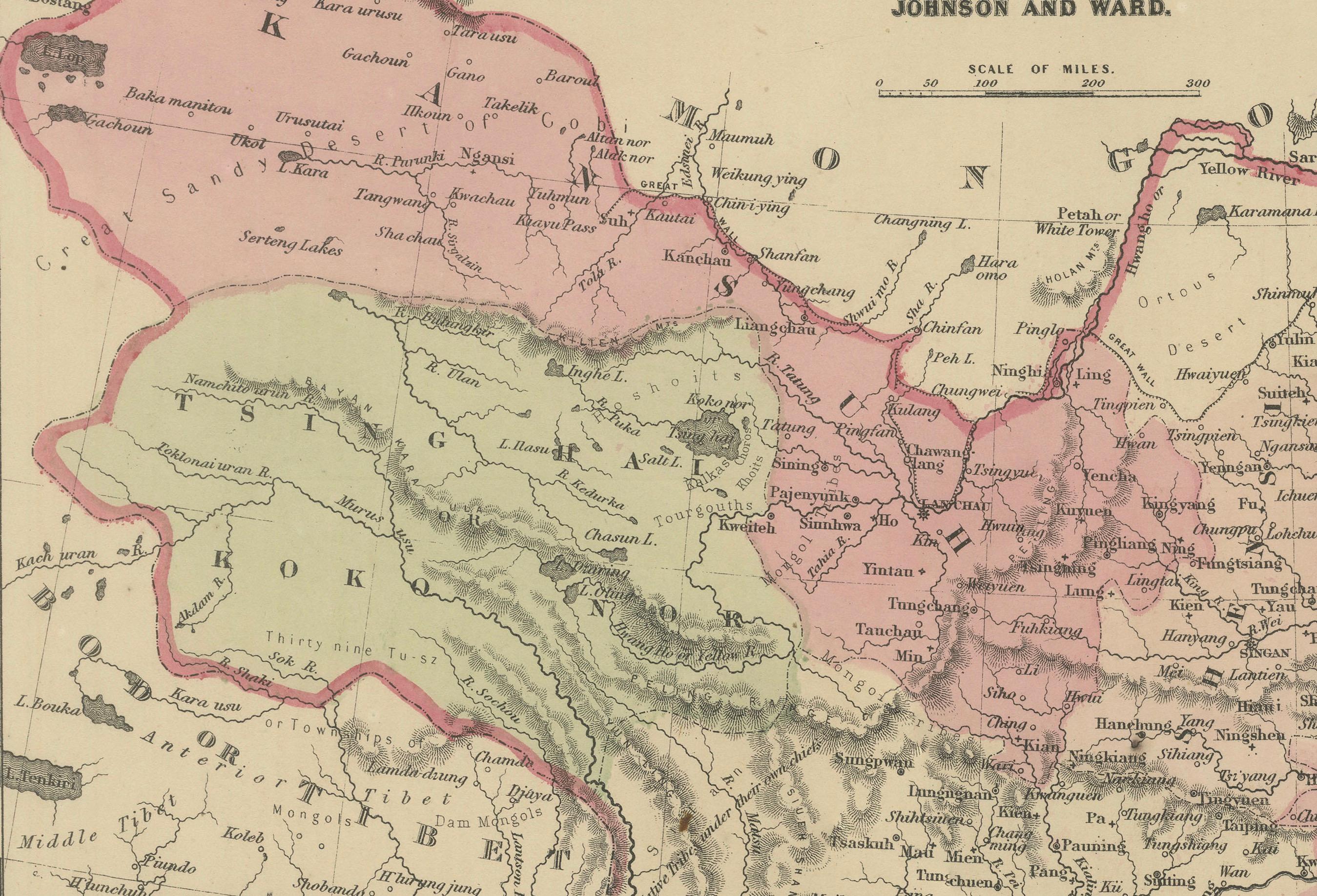 Mapa de China de Johnson con recuadro de Cantón, EE.UU. Publicado c.1864 - Coloreado a mano Papel en venta