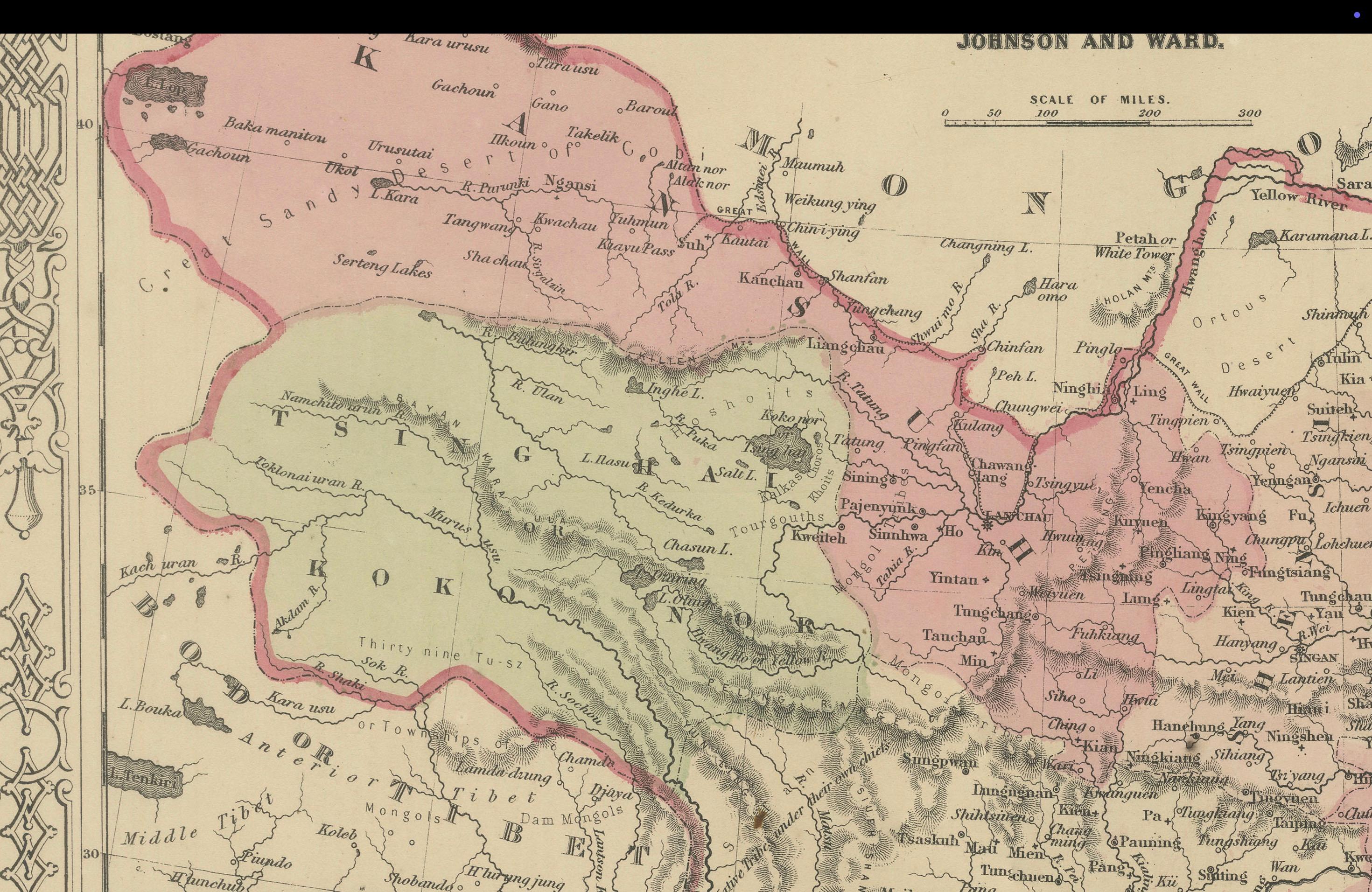 Mapa de China de Johnson con recuadro de Cantón, EE.UU. Publicado c.1864 - Coloreado a mano en venta 1