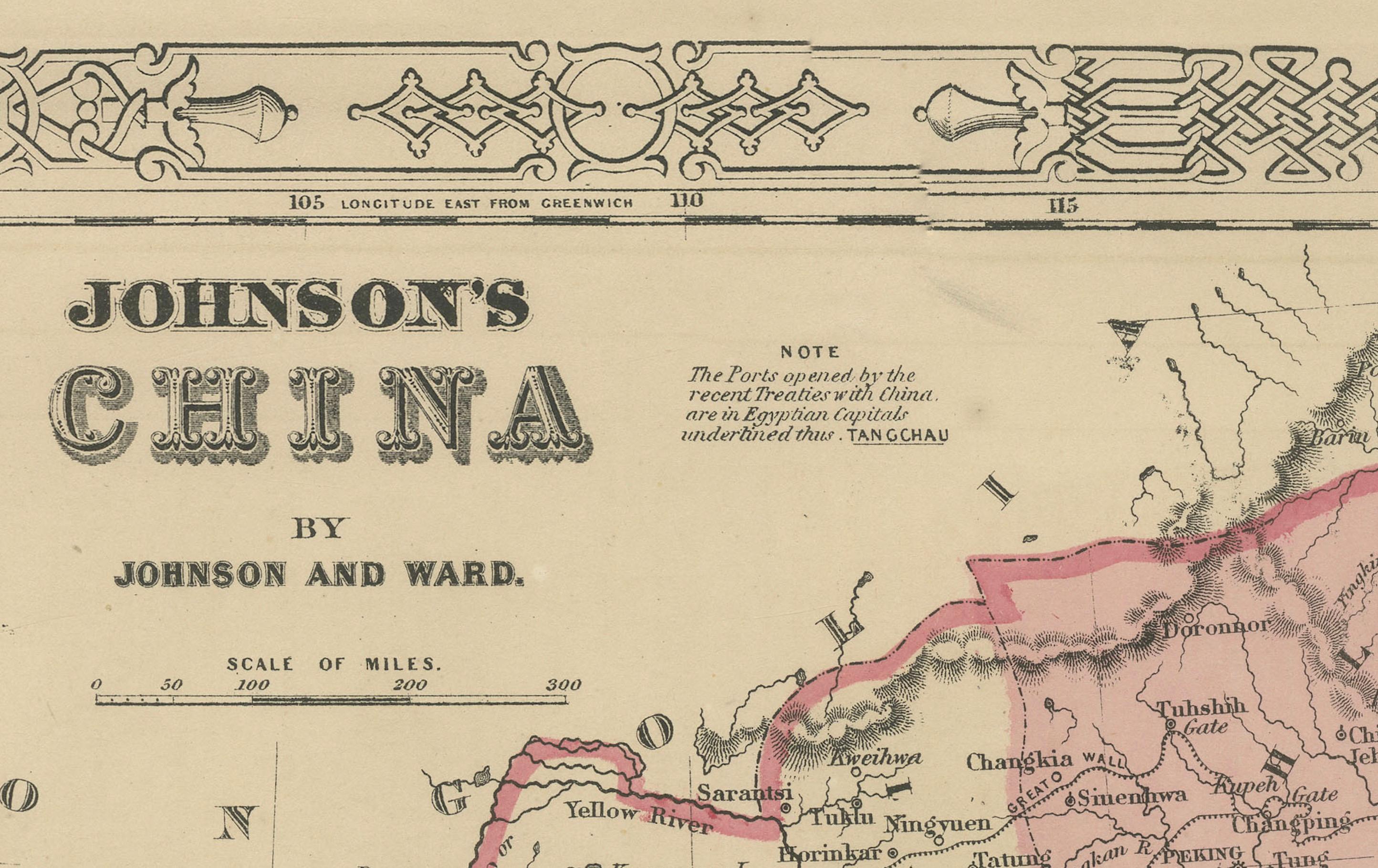 Mapa de China de Johnson con recuadro de Cantón, EE.UU. Publicado c.1864 - Coloreado a mano en venta 3