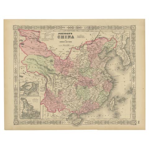 Johnson’s China Map with Canton Inset, USA Published c.1864 – Hand-Colored