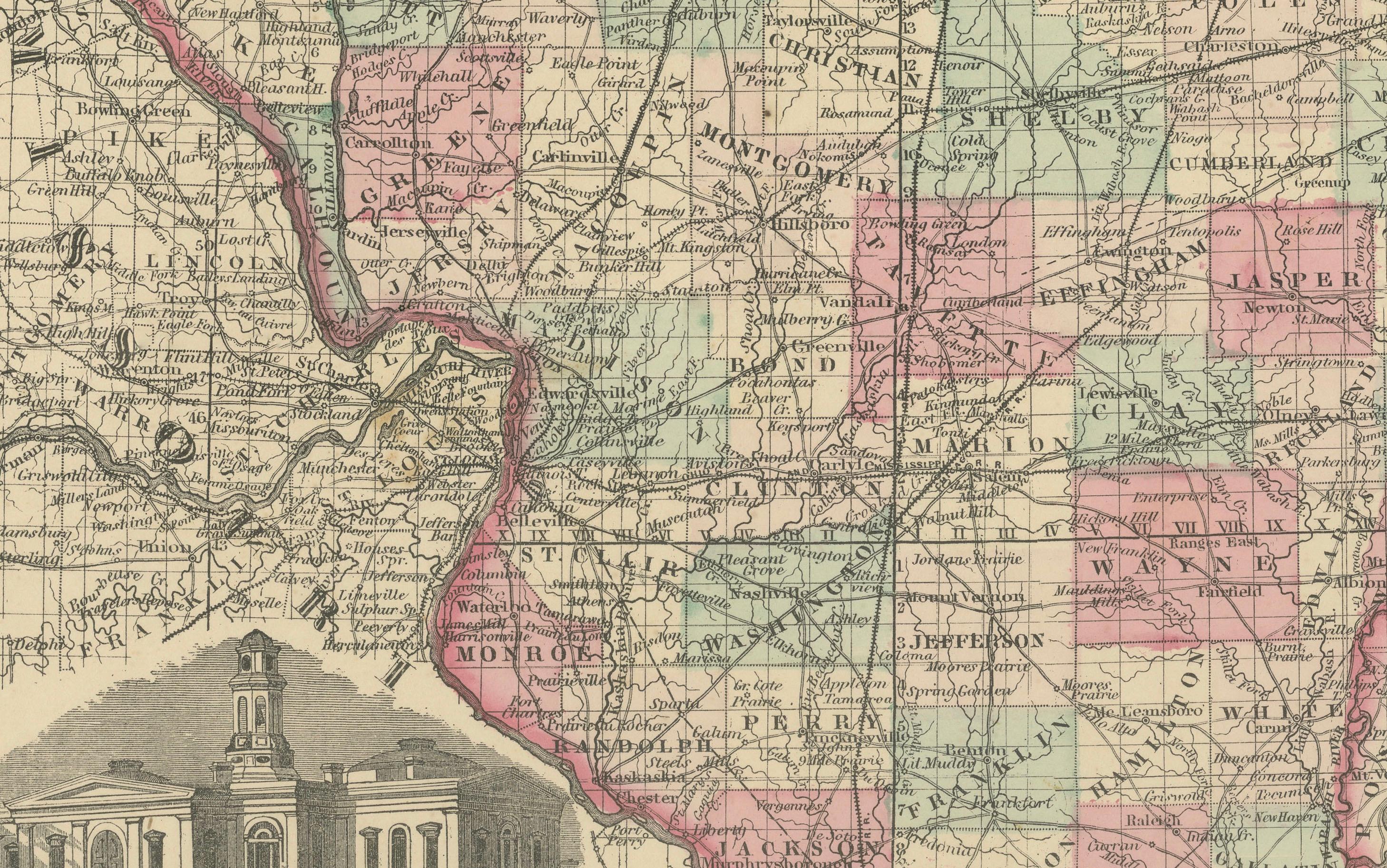 Mappa dell'Illinois di Johnson, Stati Uniti d'America, 1864 circa - Colorata a mano con vista del Palazzo di Giustizia di Chicago

Si tratta di una mappa finemente incisa e colorata a mano intitolata Johnson's Illinois, pubblicata da Johnson and