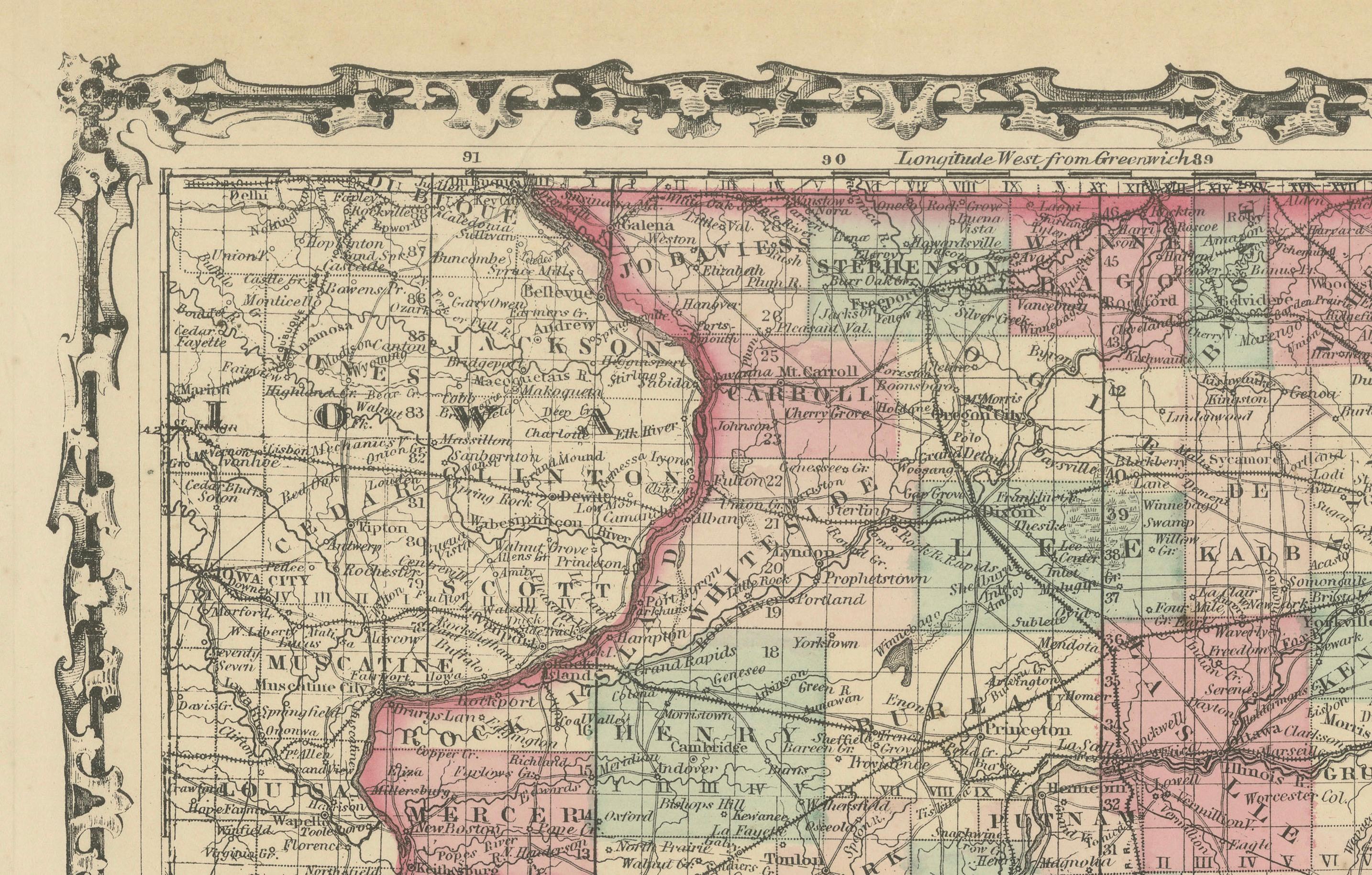 Mappa dell'Illinois di Johnson, Stati Uniti d'America, 1864 circa - Colorata a mano con vista del Palazzo di Giustizia di Chicago In condizioni buone in vendita a Langweer, NL
