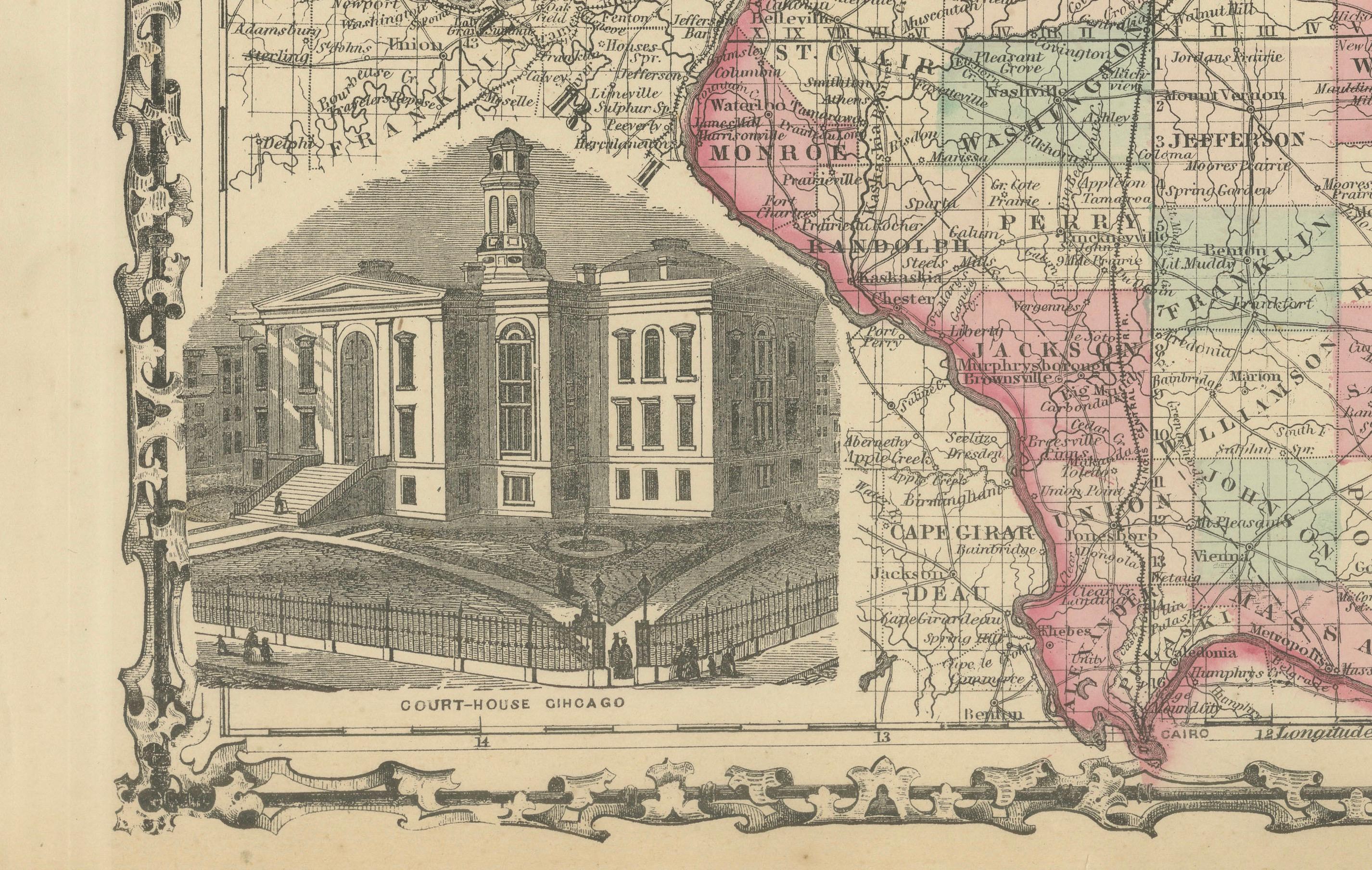 Carta Mappa dell'Illinois di Johnson, Stati Uniti d'America, 1864 circa - Colorata a mano con vista del Palazzo di Giustizia di Chicago in vendita
