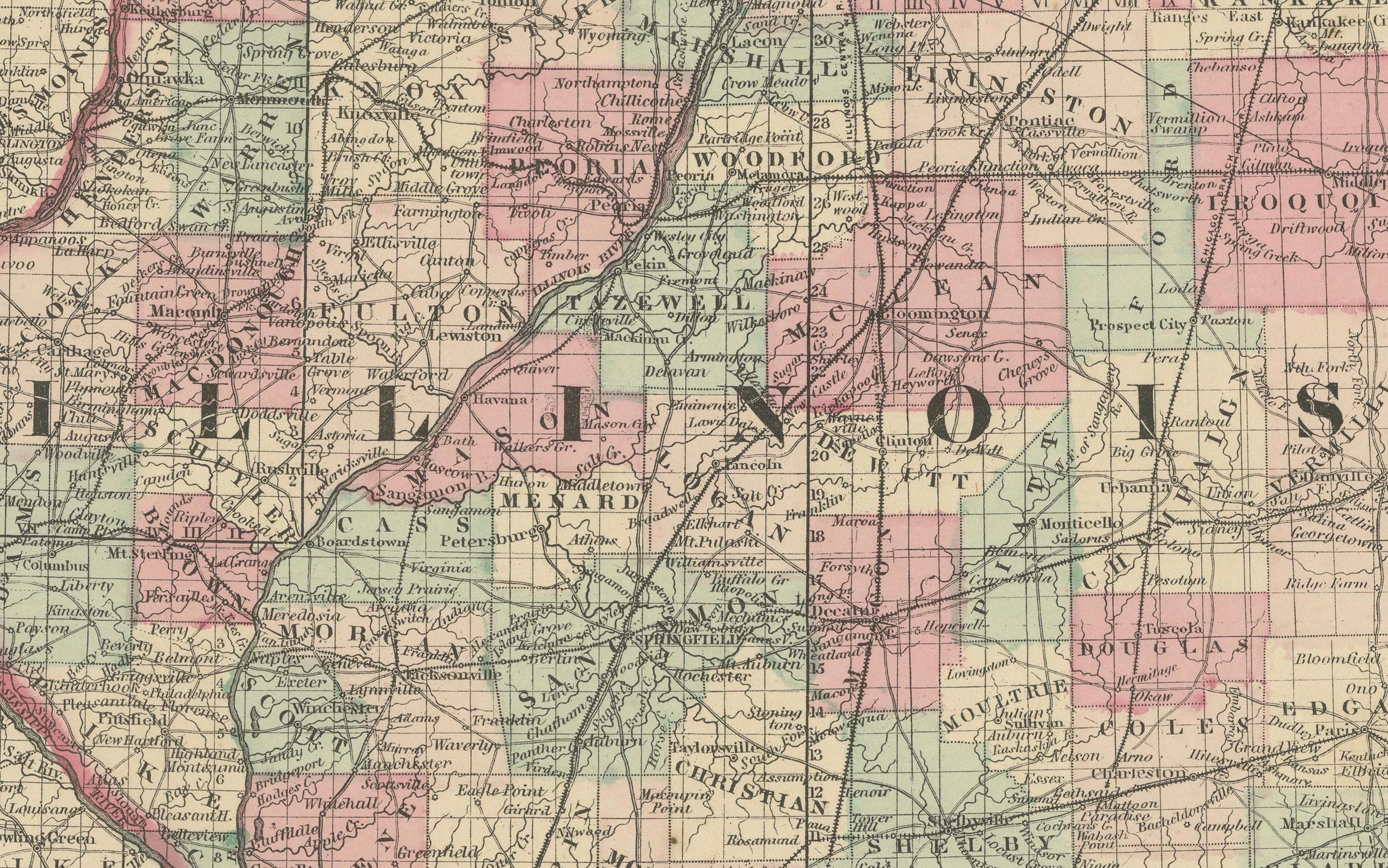 Mappa dell'Illinois di Johnson, Stati Uniti d'America, 1864 circa - Colorata a mano con vista del Palazzo di Giustizia di Chicago in vendita 1