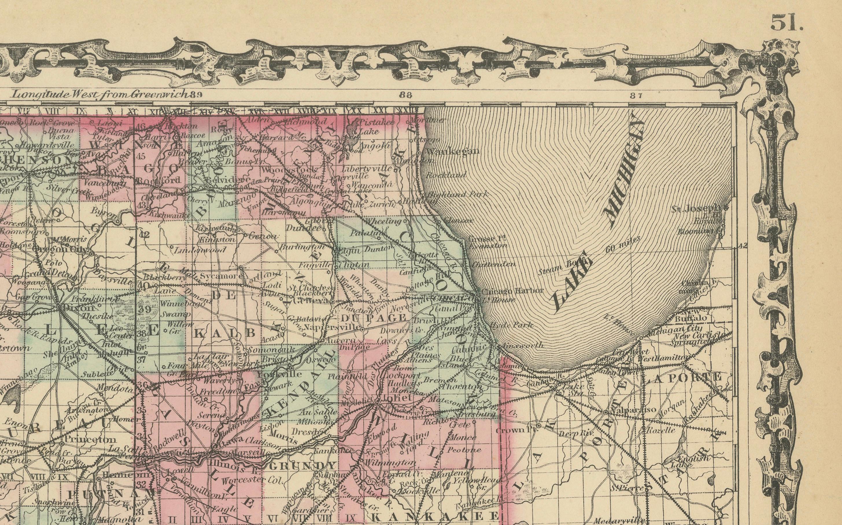 Mappa dell'Illinois di Johnson, Stati Uniti d'America, 1864 circa - Colorata a mano con vista del Palazzo di Giustizia di Chicago in vendita 2