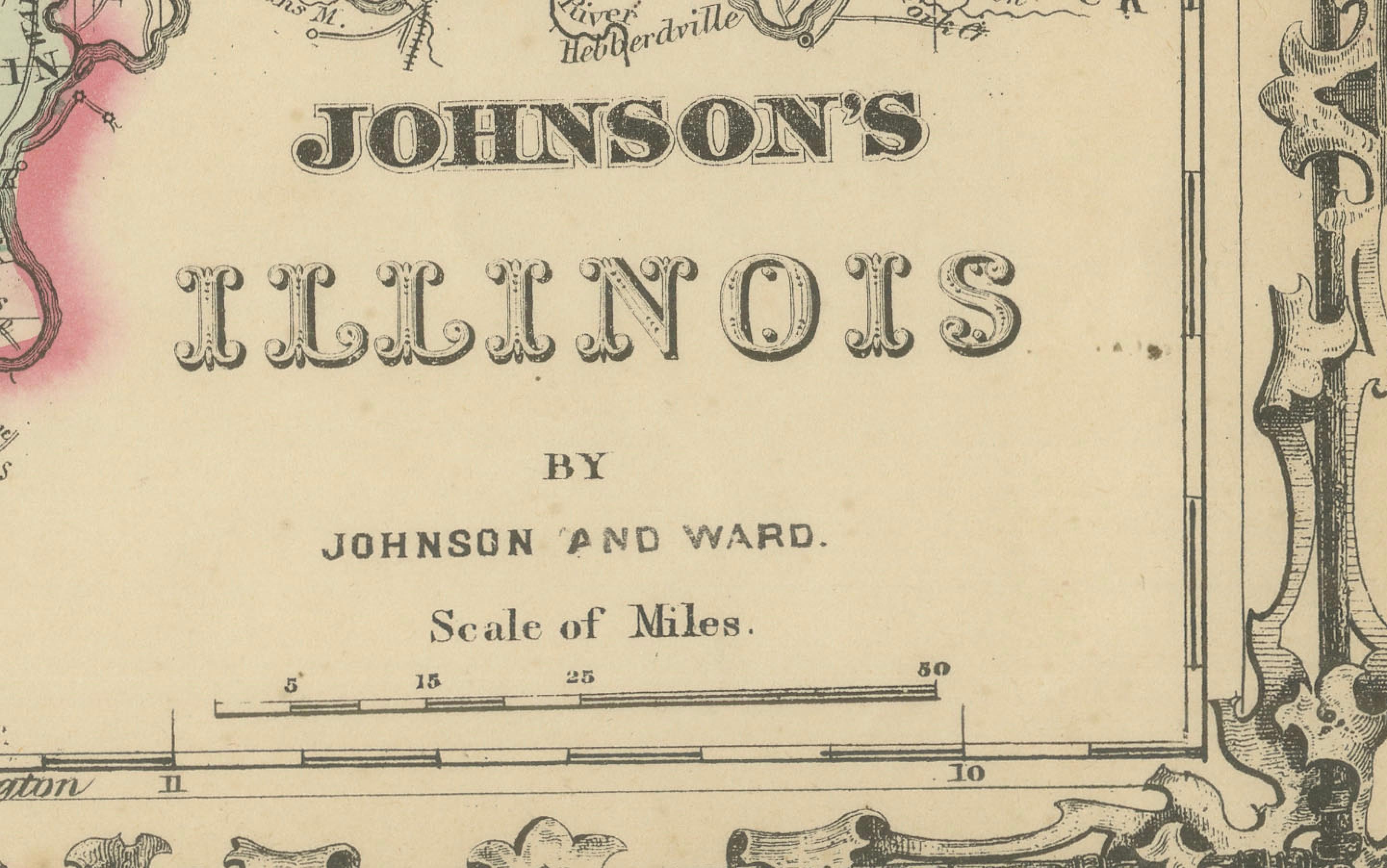 Mappa dell'Illinois di Johnson, Stati Uniti d'America, 1864 circa - Colorata a mano con vista del Palazzo di Giustizia di Chicago in vendita 3