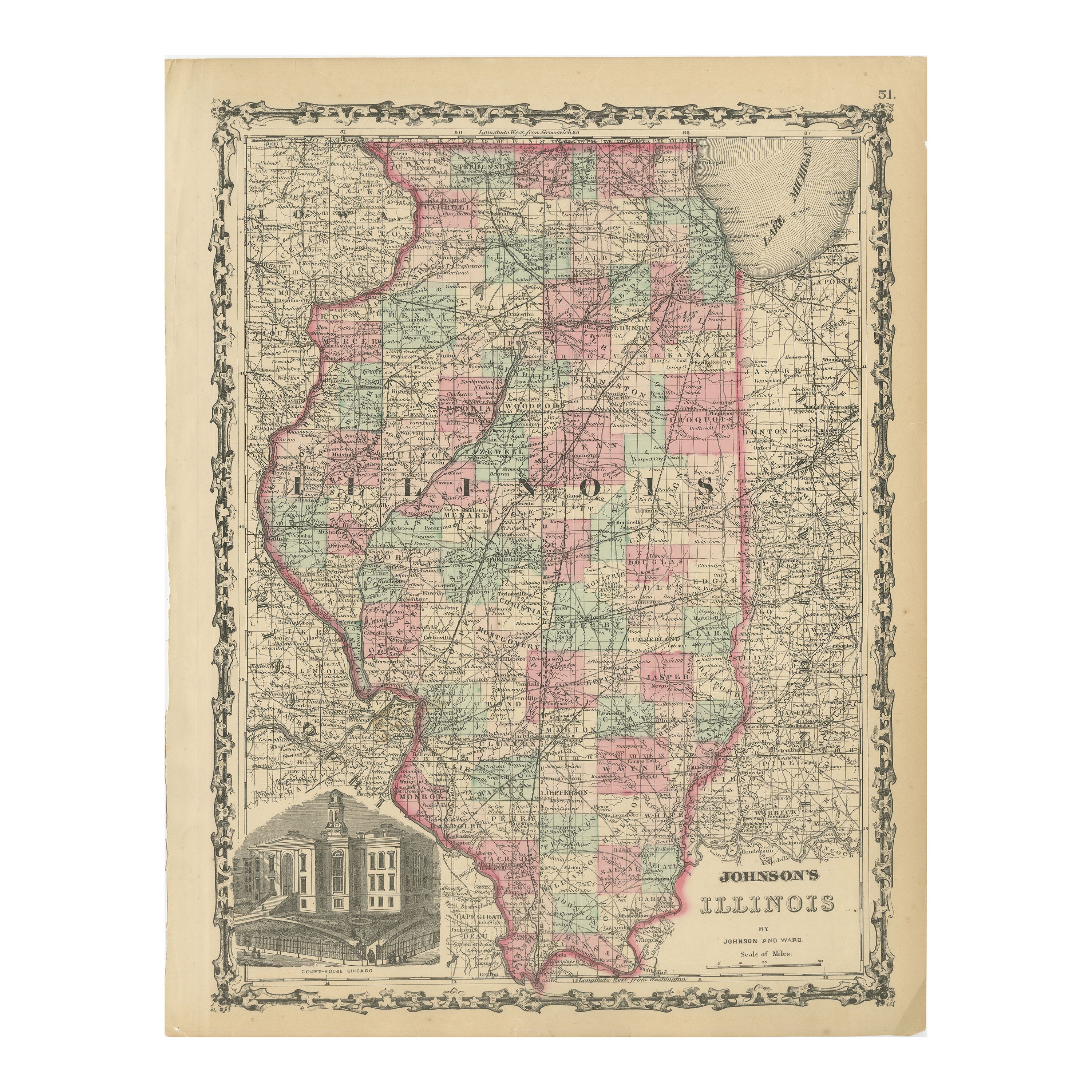 Mappa dell'Illinois di Johnson, Stati Uniti d'America, 1864 circa - Colorata a mano con vista del Palazzo di Giustizia di Chicago