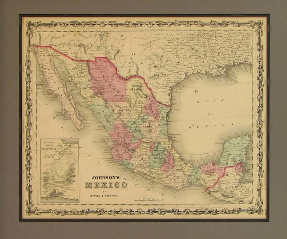This is an attractive example of Johnson's 1861 map of Mexico.

Presented is a 1861 map of Mexico published by A. J. Johnson and Ross Browning as plate number 56 in the 1861 edition of Johnson's New Illustrated Family Atlas. the map features the