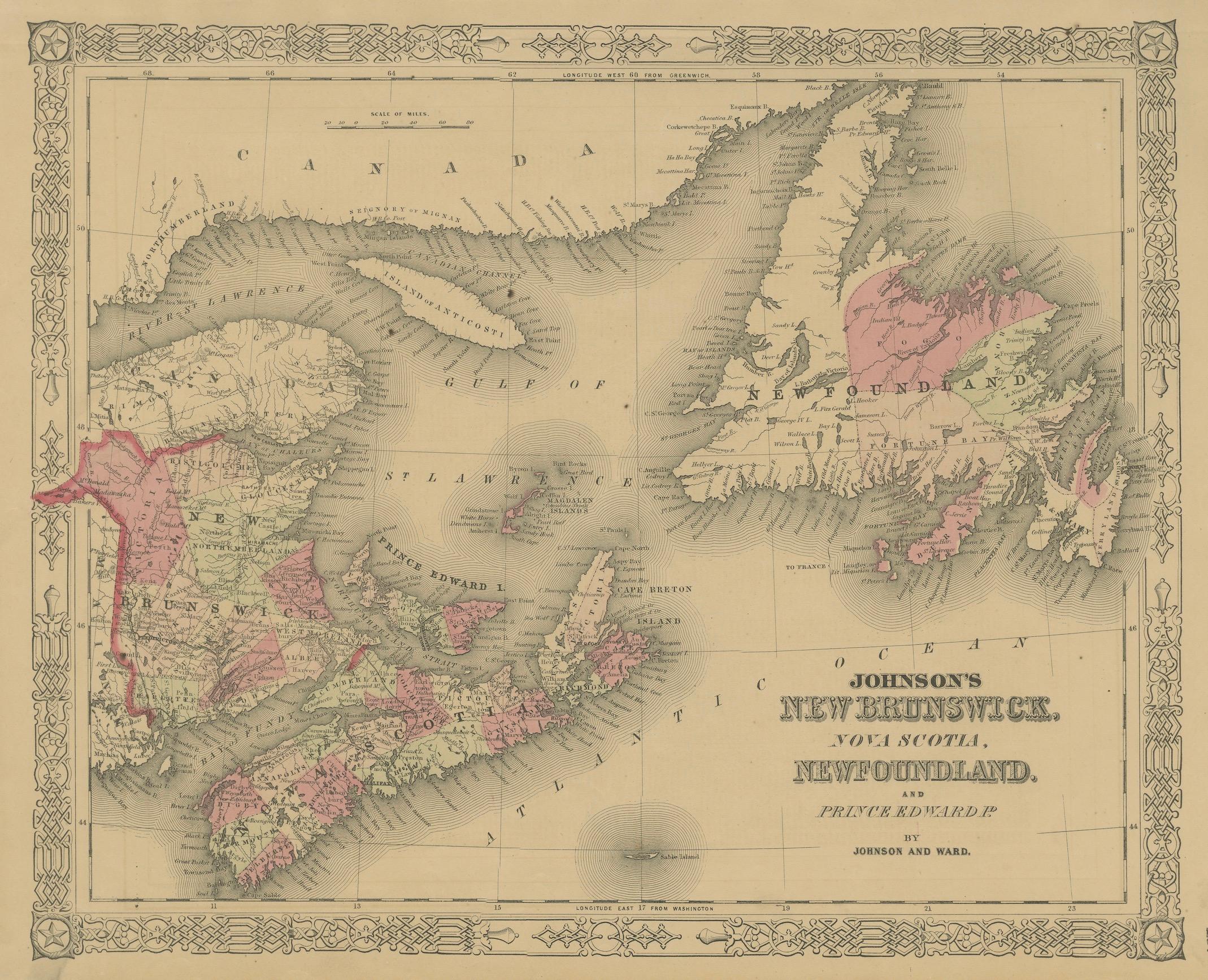 Carte de Johnson du Nouveau-Brunswick, de la Nouvelle-Écosse et de Terre-Neuve, A.I.C. C.I.C. en vente 4