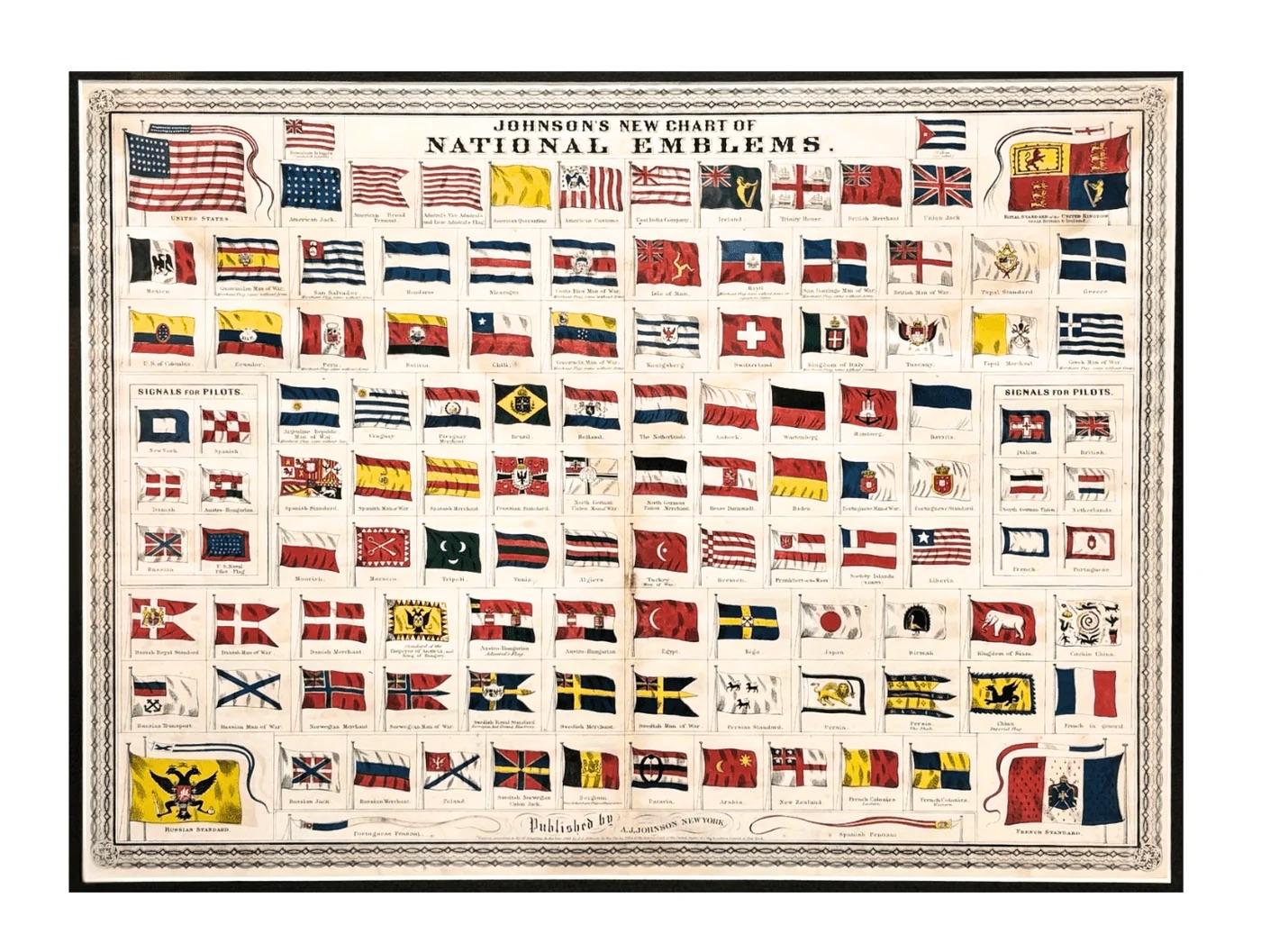 Presented is a hand-colored engraving of “Johnson's New Chart of National Emblems.” This print was created for “Johnson's New Illustrated Family Atlas of the World,” published by A.J. Johnson, in New York in 1870. The chart features 118 flags,
