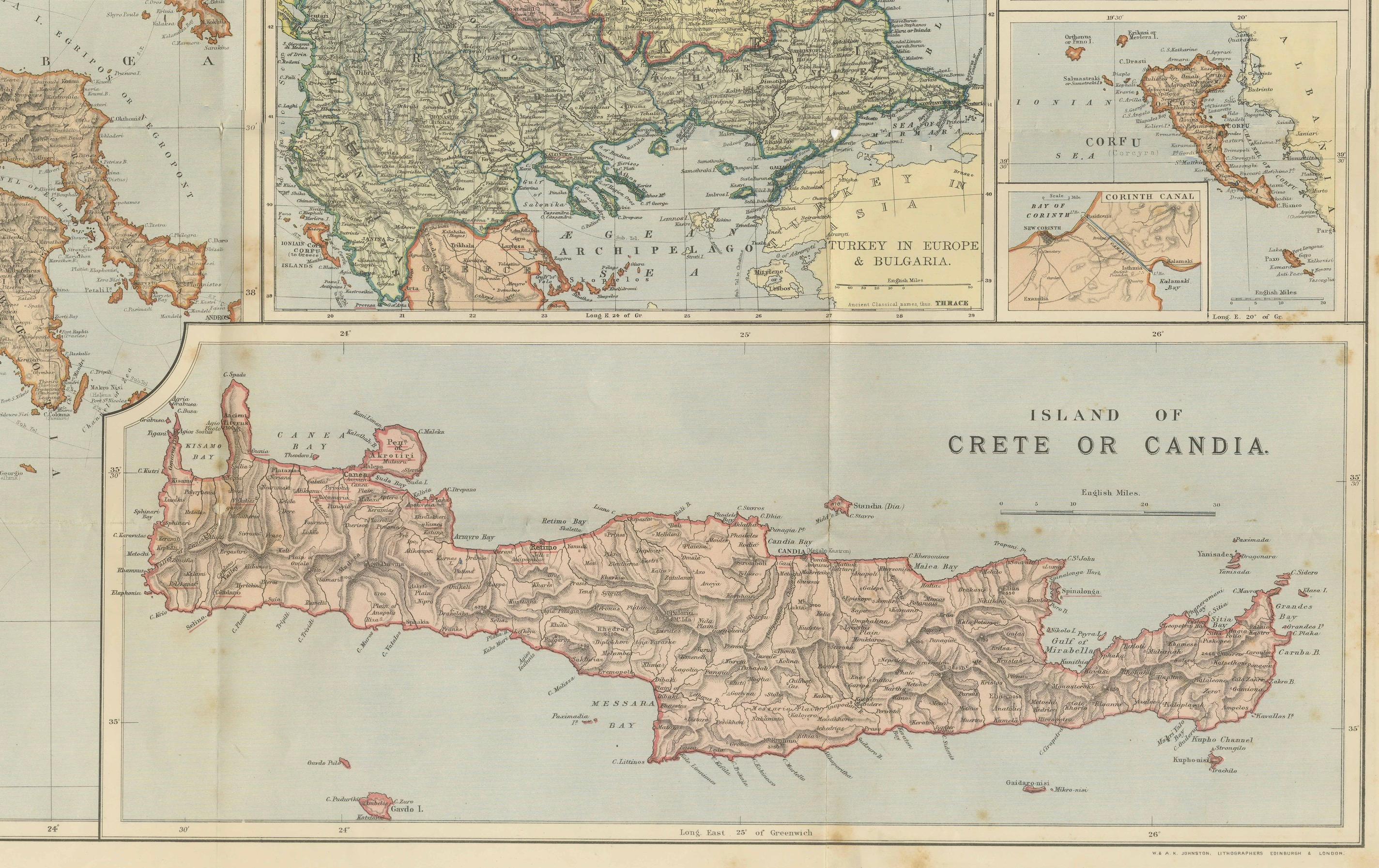 Écossais Carte Johnston de la Grèce et de la Crète 1897 - La question orientale Carte ancienne en vente