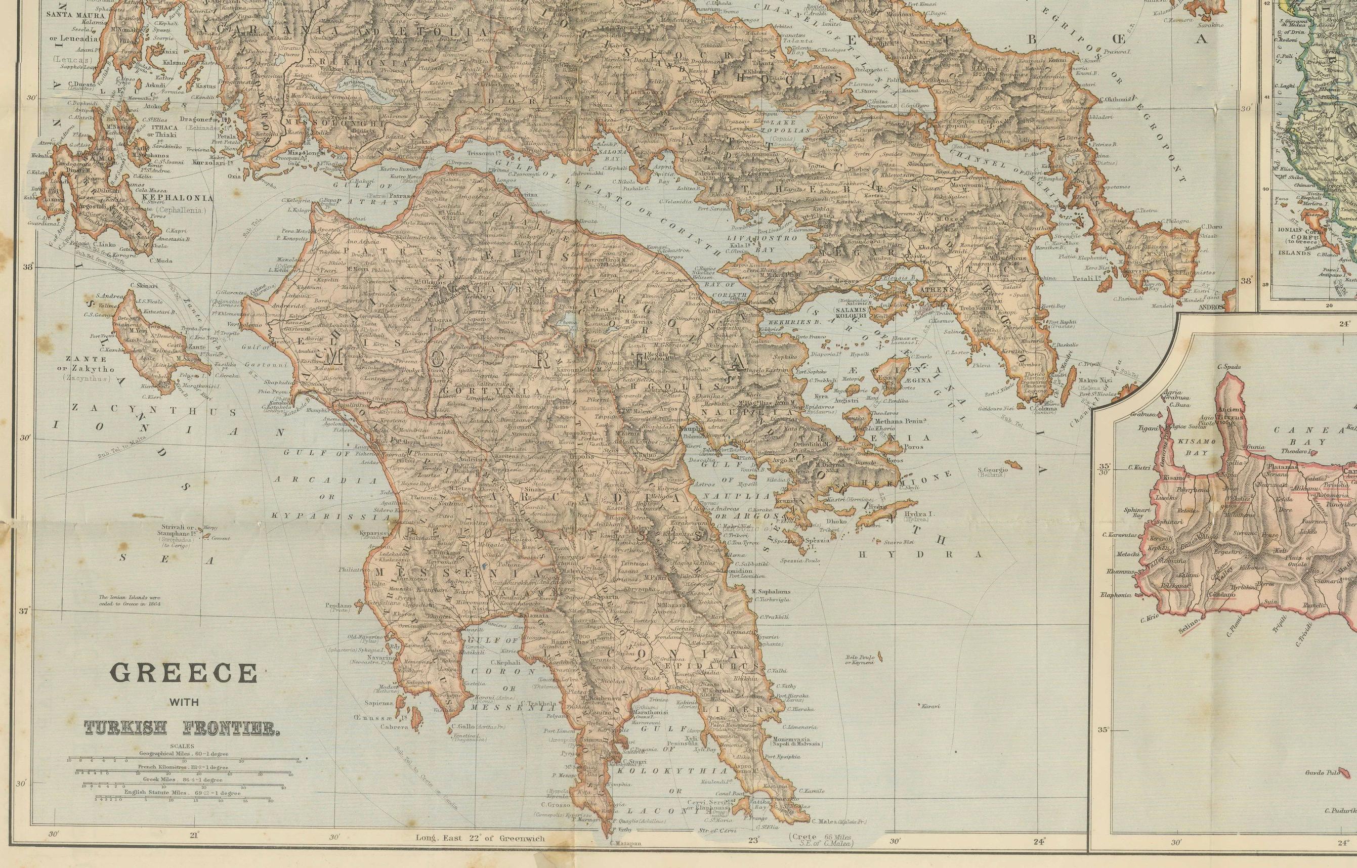 Carte Johnston de la Grèce et de la Crète 1897 - La question orientale Carte ancienne État moyen - En vente à Langweer, NL