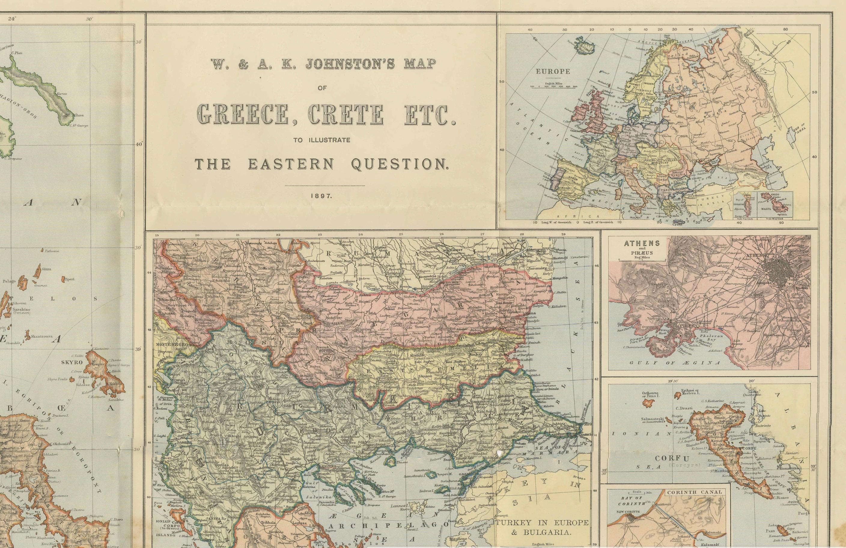 Papier Carte Johnston de la Grèce et de la Crète 1897 - La question orientale Carte ancienne en vente