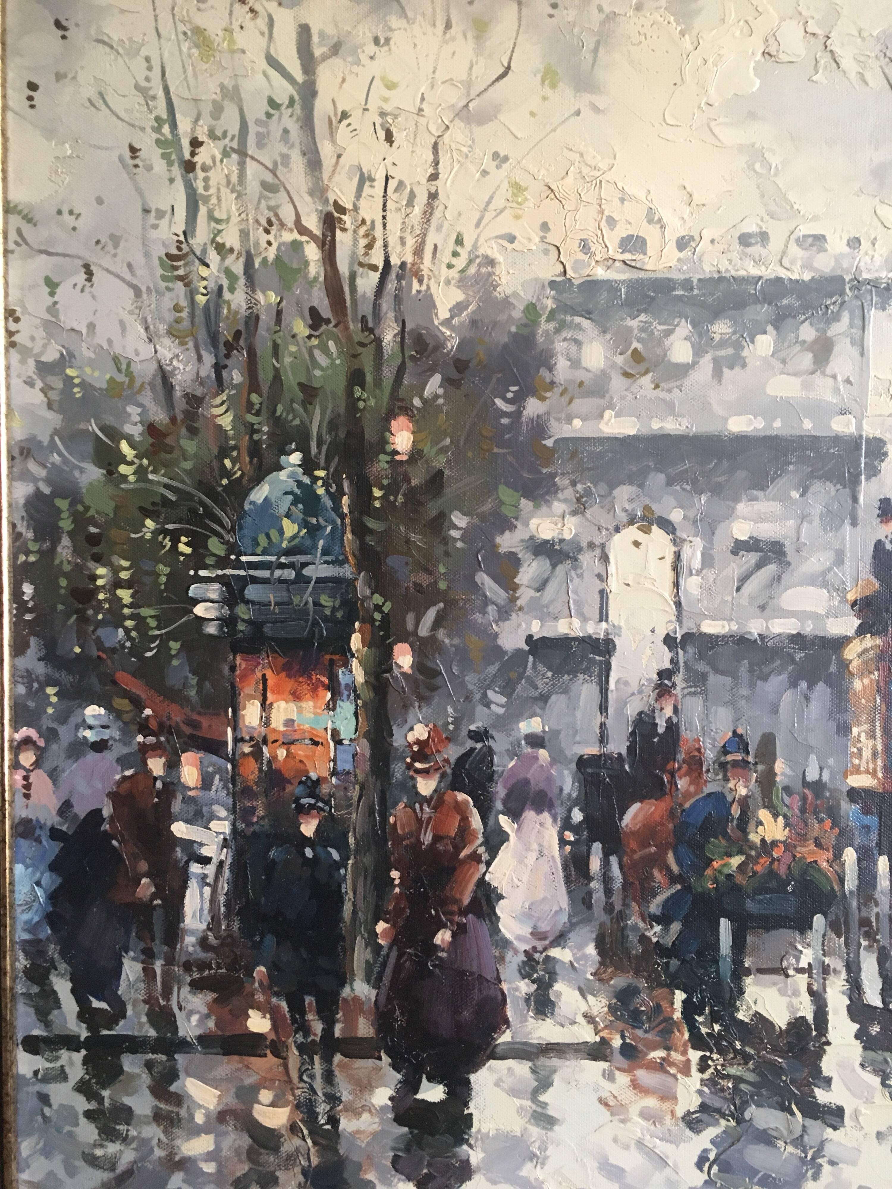 Large Parisian Bustling Boulevard Impressionist Oil Painting - Gray Figurative Painting by Johny Gaston