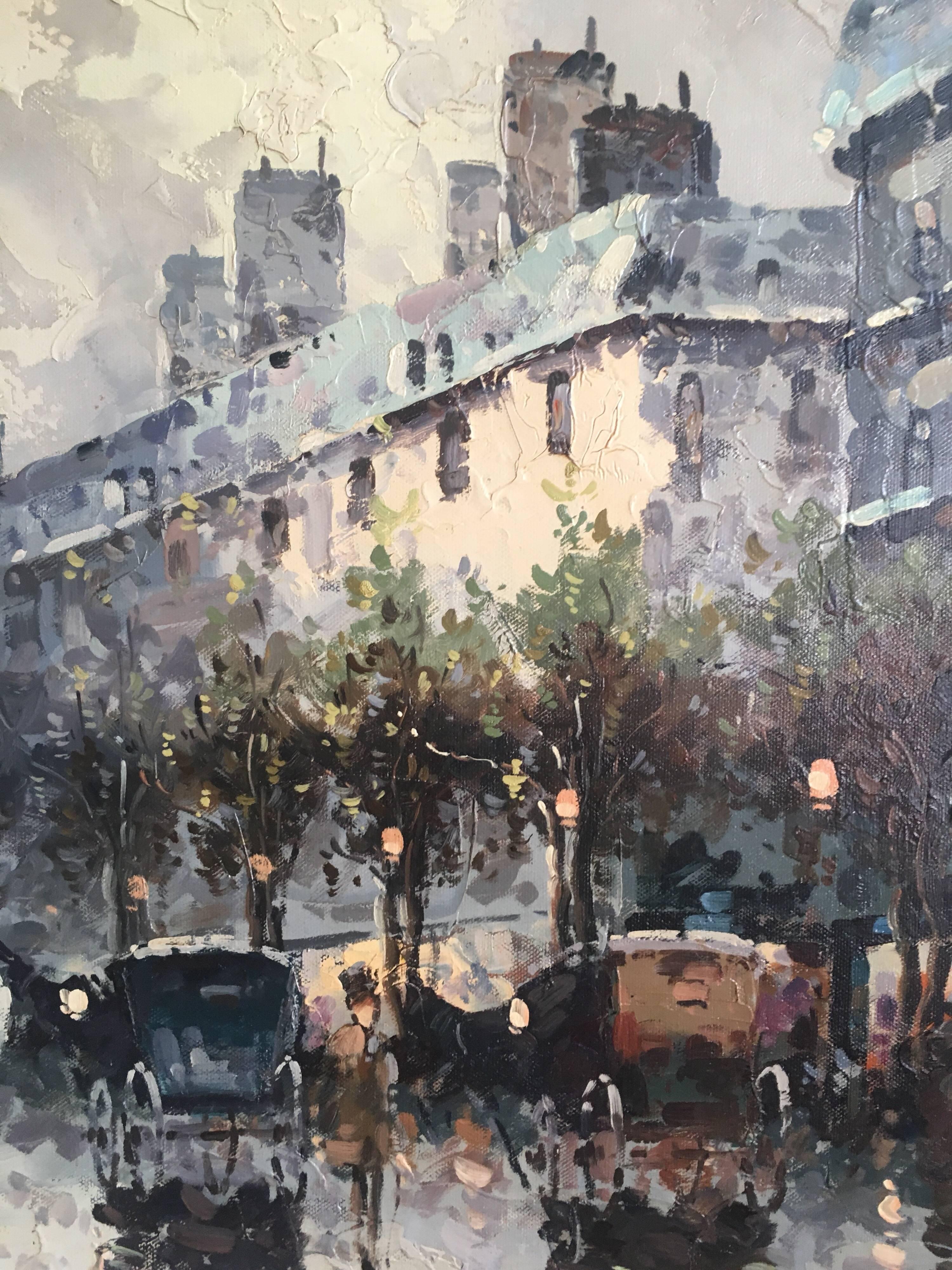 Parisian Bustling Boulevard 
By Johnny Gaston, French artist, Late 20th Century
Oil painting on board, framed
Signed on the lower right hand corner
Framed size: 23 x 32.5 inches

Lovely view of this old Parisian boulevard, bustling with life. The