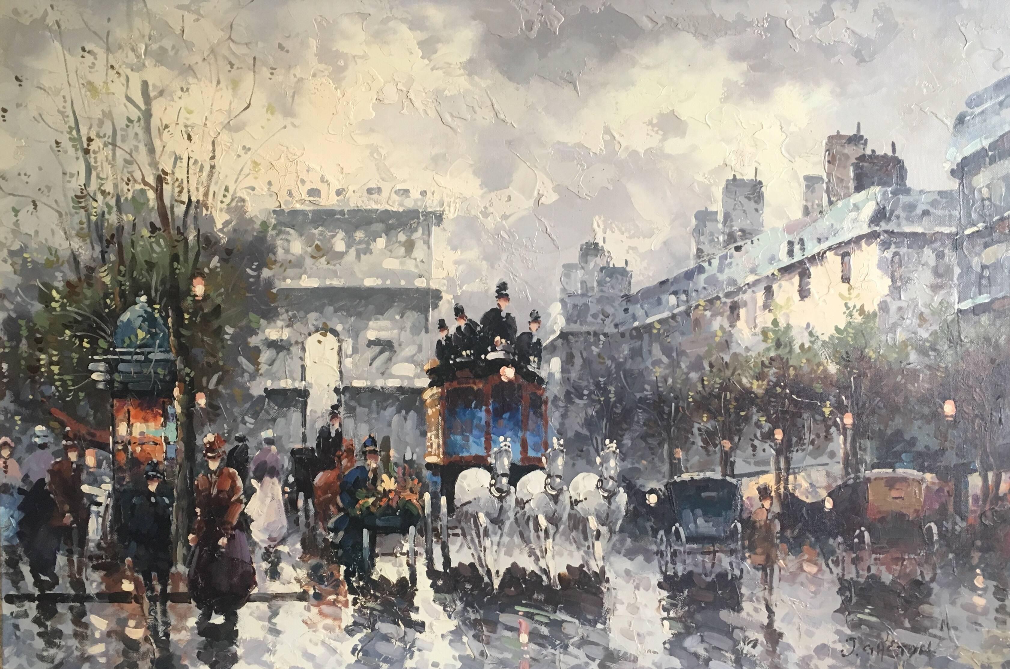Johny Gaston Figurative Painting - Large Parisian Bustling Boulevard Impressionist Oil Painting 