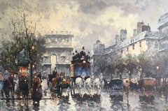 Large Parisian Bustling Boulevard Impressionist Oil Painting 