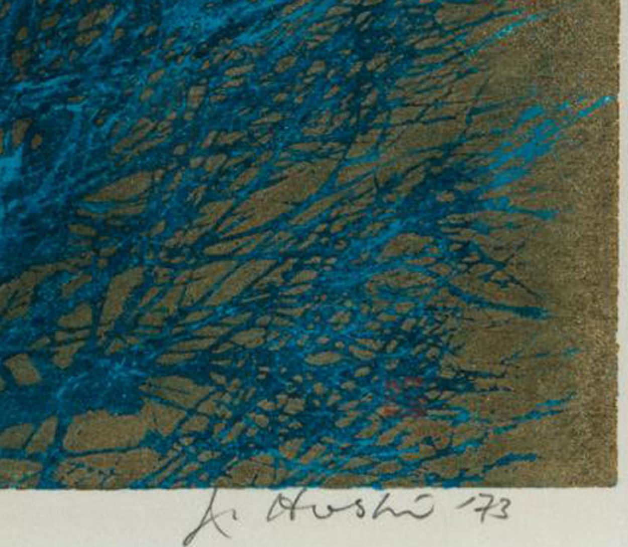 Japanese JOICHI HOSHI (1911-1979), Blue Tree, Woodblock, signed lower right, Dated 1973 For Sale
