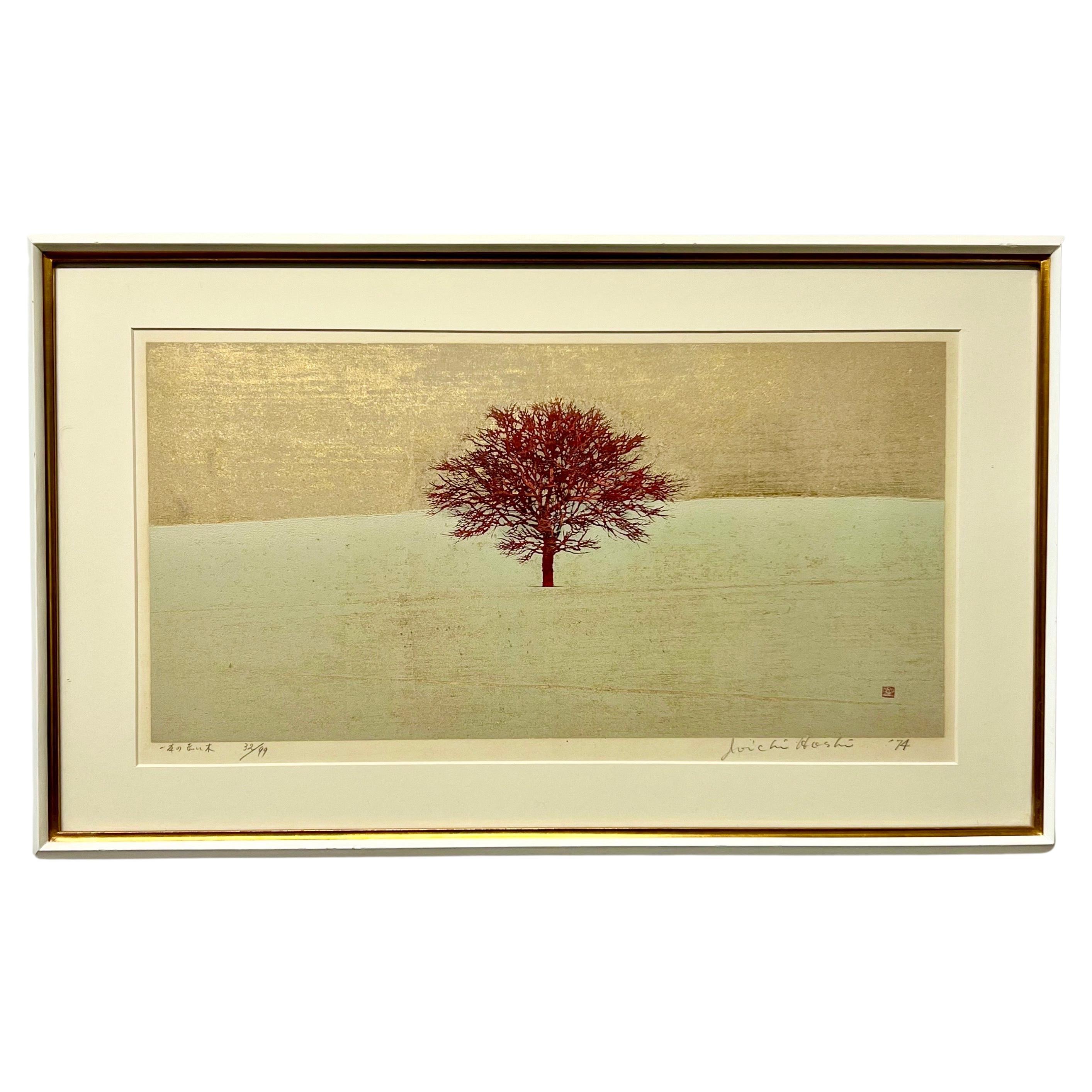 Joichi Hoshi 'Ein Baum' Farbholzschnitt c1974 Japan  im Angebot