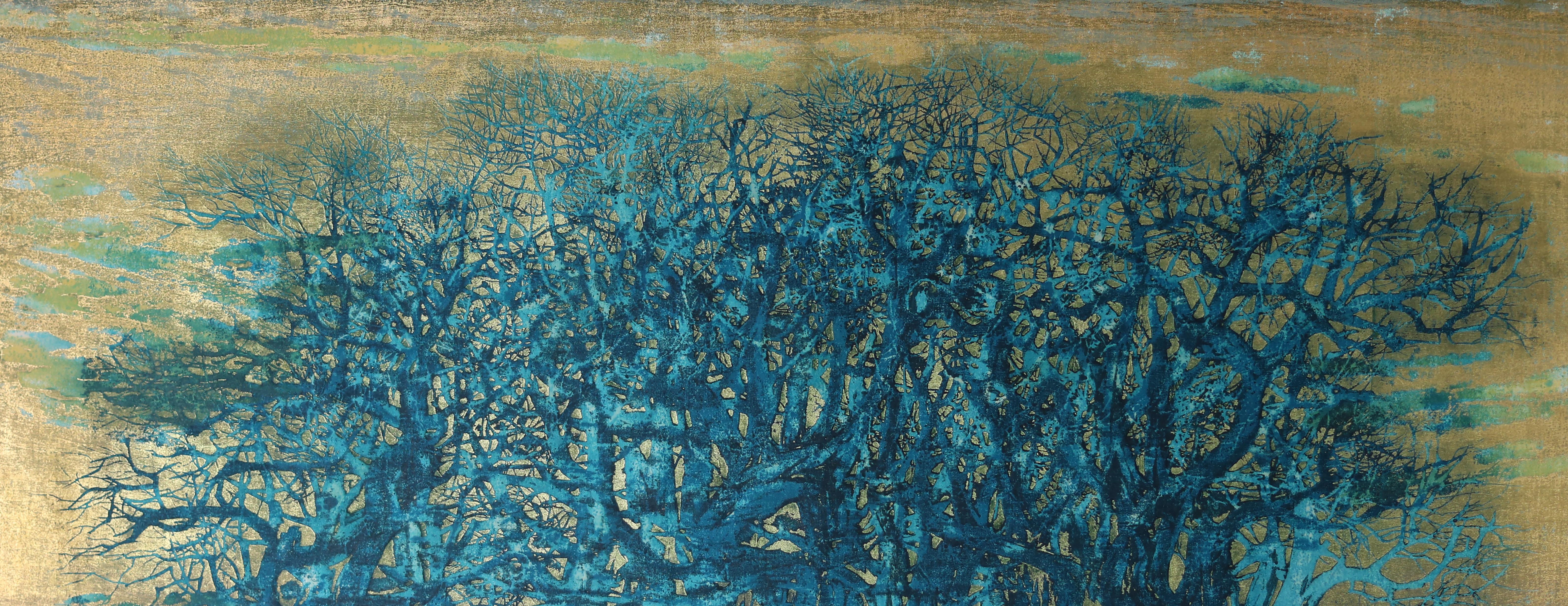 A copse of trees is presented as a unit, as branches and trunks seem to blend together in this oversized work of blue against gold. Pencil signed with a limited edition number of 23/88. See “Joichi Hoshi: Catalog of All Tree Woodblock Prints”,
