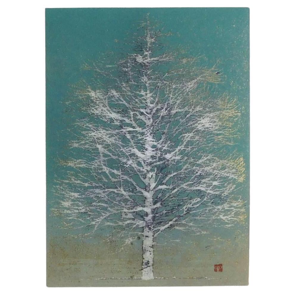 Joichi Hoshi (1913-1979) xilografía original en color, 1974. 
Título: "Principios de primavera". Imagen: 9 5/8 "h x 7." Marco: 17 1/4 "h x13 5/8 "w.
Firmado a lápiz abajo a la derecha y fechado en el 74. Marca de corte abajo a la derecha. 
Excelente