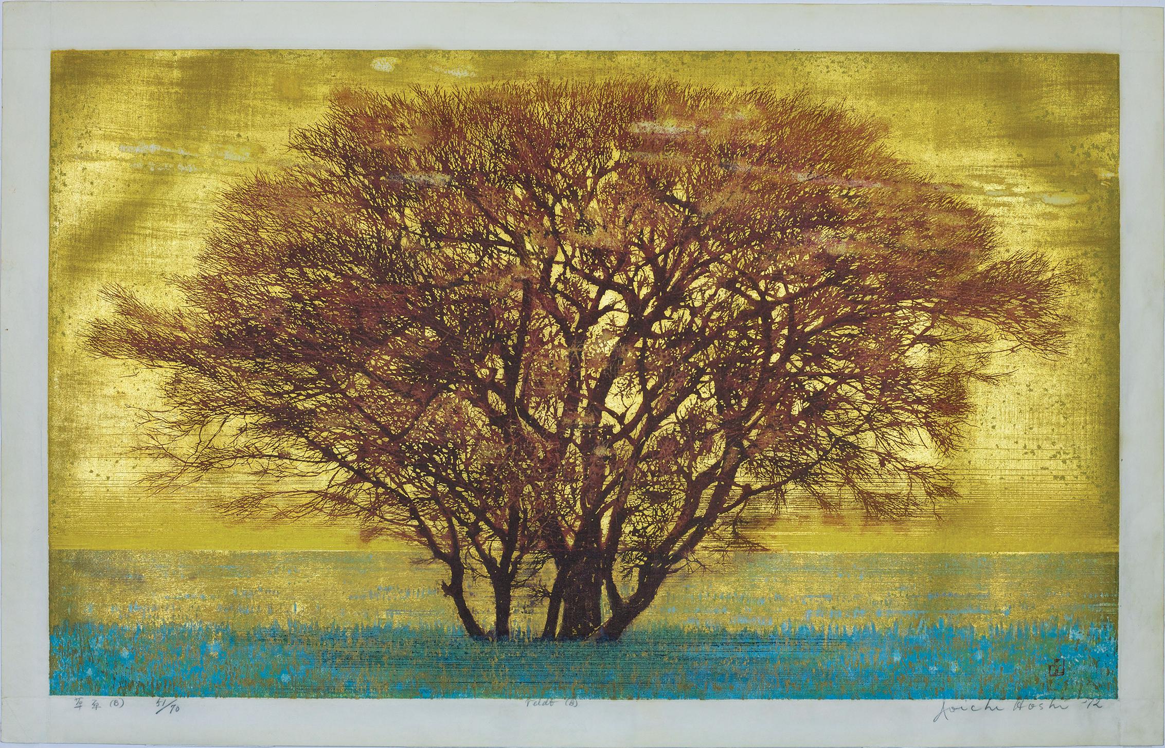 Massive Red Tree Against Golden Ground: Green Field (Veldt) (B) - Print by Joichi Hoshi