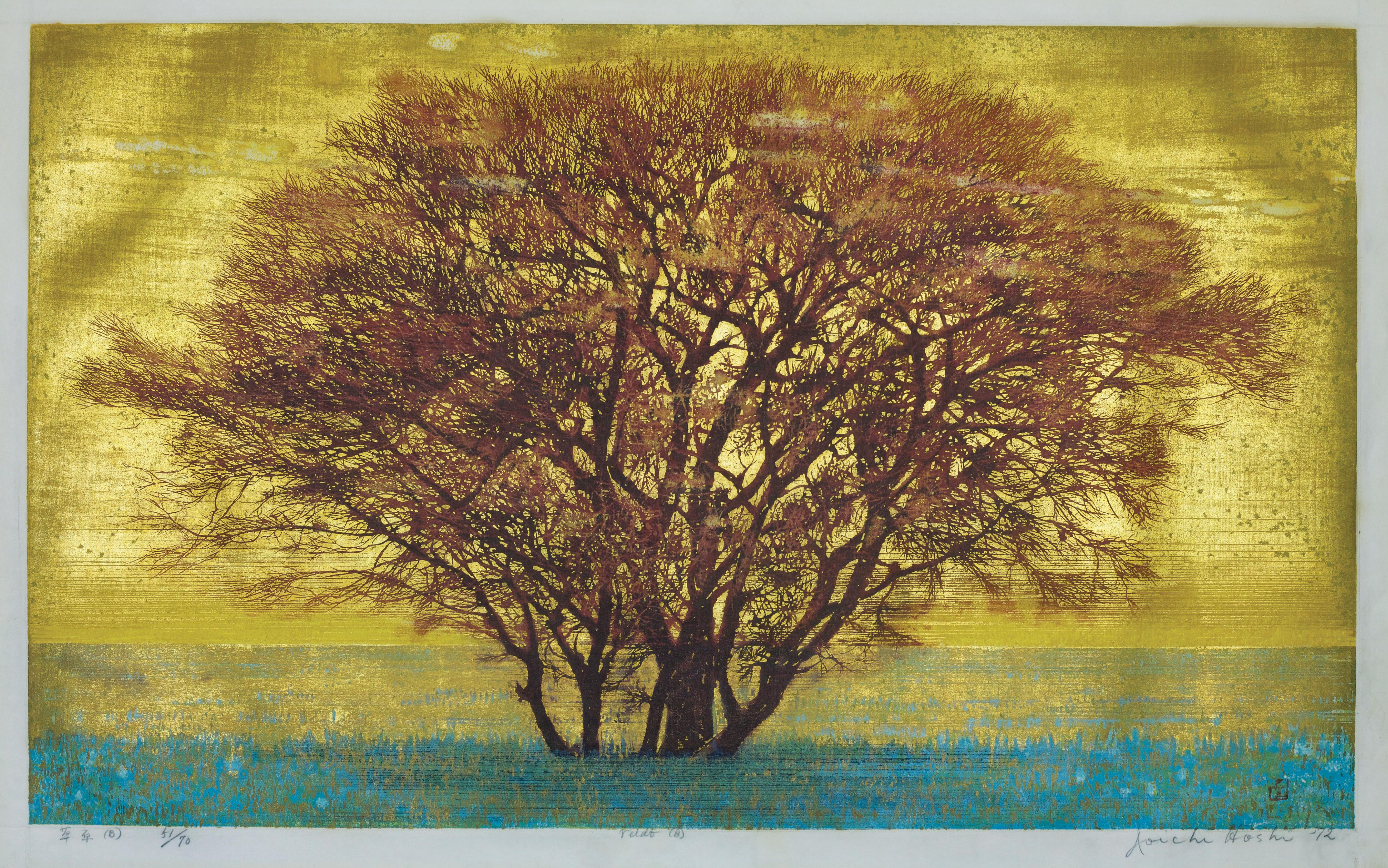 Joichi Hoshi Landscape Print - Massive Red Tree Against Golden Ground: Green Field (Veldt) (B)