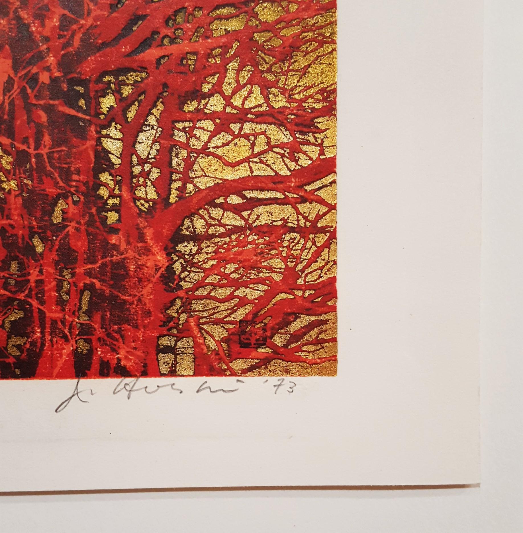 Red Branches (Akai eda) - Gold Landscape Print by Joichi Hoshi