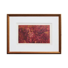 Red Monochromatic Abstract Woodblock Monoprint of a Web of Trees Landscape