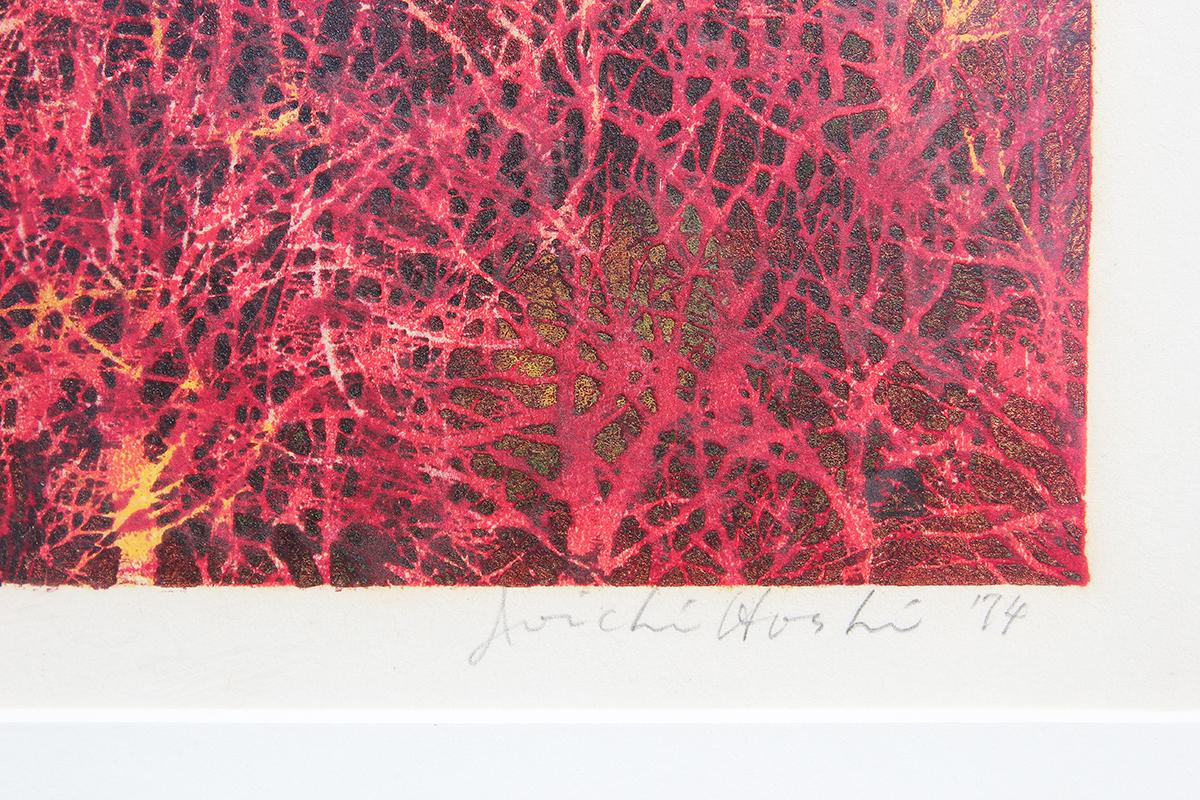 Red toned abstract woodcut monoprint by Japanese printmaker Joishi Hoshi. This work is a fantastic example of Hoshi's iconic interlocking web of bare trees. Signed and dated by artist in the front lower right corner. Framed and matted in a gold