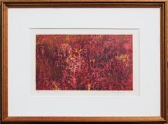 Red Monochromatic Abstract Woodblock Monoprint of a Web of Trees Landscape