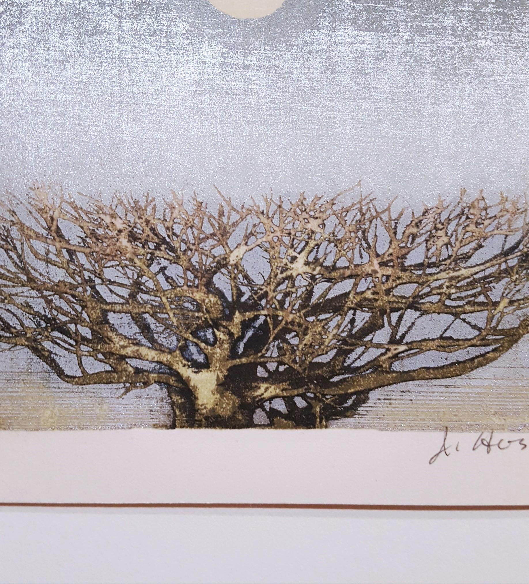 An original signed woodblock engraving with gold leaf on wove paper by Japanese artist Joichi Hoshi (1913-1979) titled 