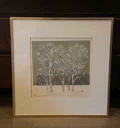 Joichi Hoshi Signed Japanese Woodblock Print Clump of Trees in Winter, 1976