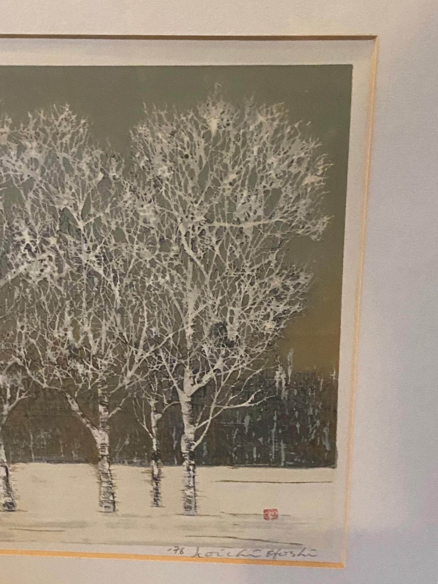 Japonais Joichi Hoshi, japonais, gravure sur bois japonaise - Arbustes d'arbres en hiver, 1976 en vente