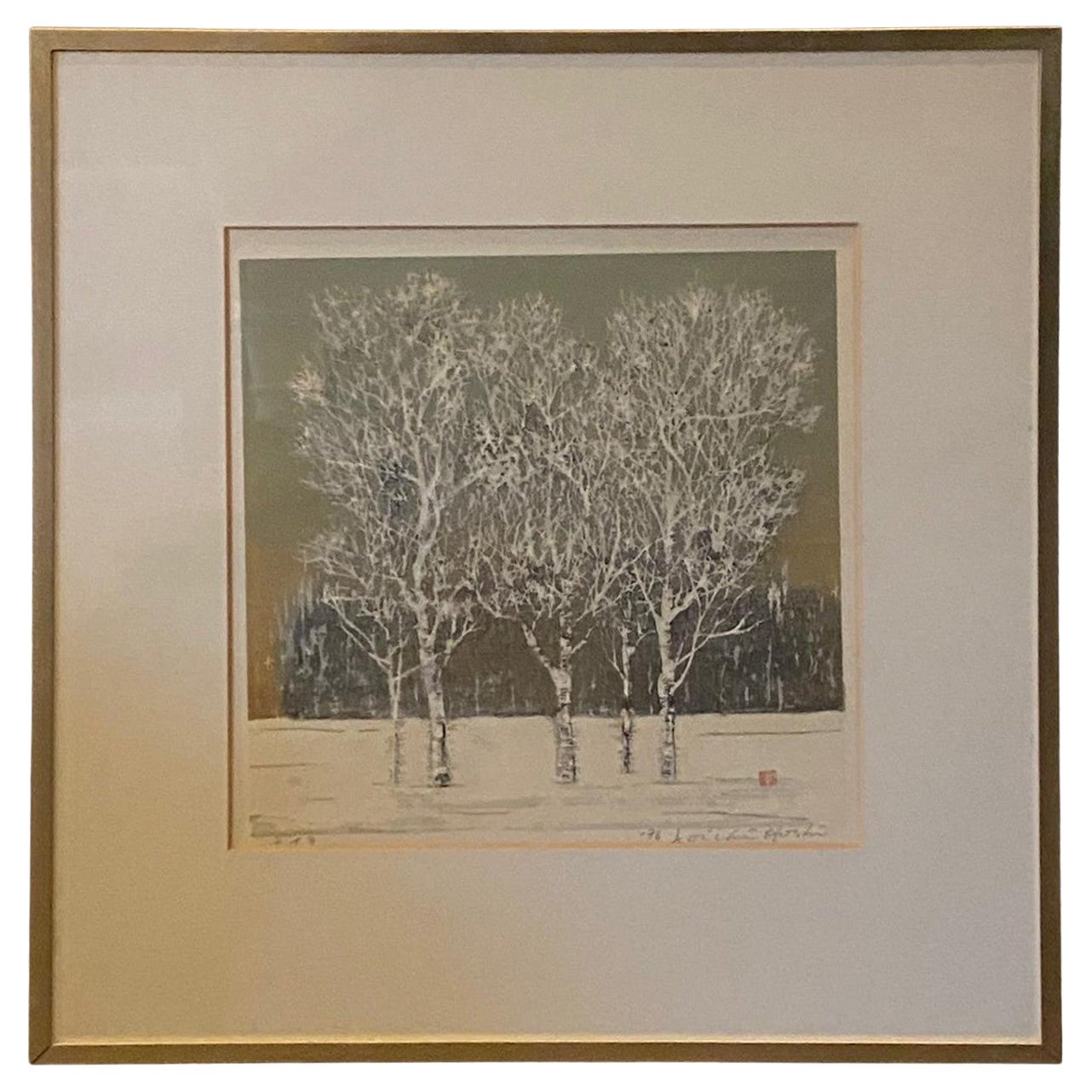 Joichi Hoshi Impresión xilográfica japonesa firmada Grupo de árboles en invierno, 1976