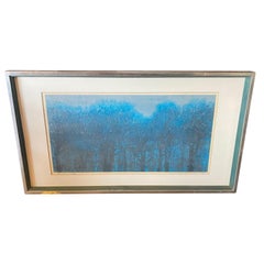 Grande estampe japonaise signée de Joichi Hoshi, bleu forêt, 1973