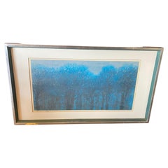 Joichi Hoshi firma una grande stampa giapponese di alberi in woodblock blu foresta, 1973