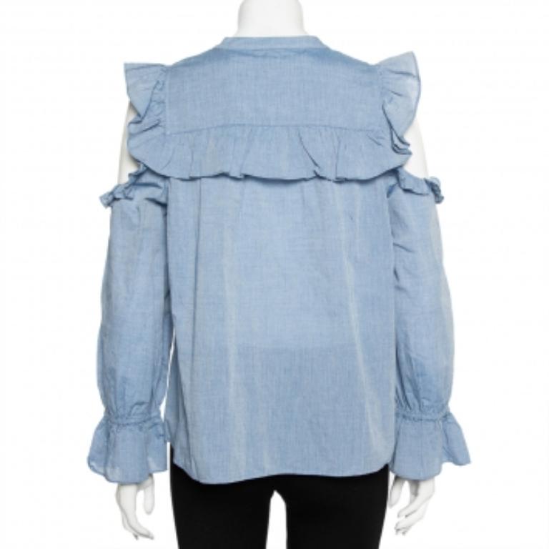 Joie Blue Cotton Cold Shoulder Ruffled Button Front Akari Top M In Good Condition For Sale In Dubai, Al Qouz 2