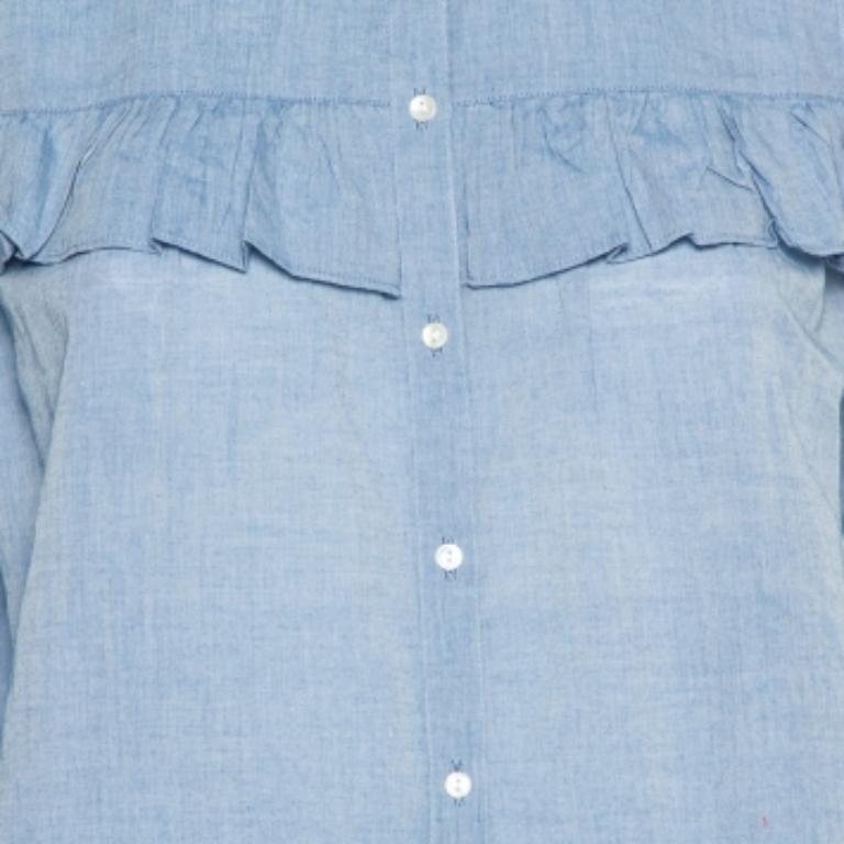 Joie Blue Cotton Cold Shoulder Ruffled Button Front Akari Top M For Sale 2