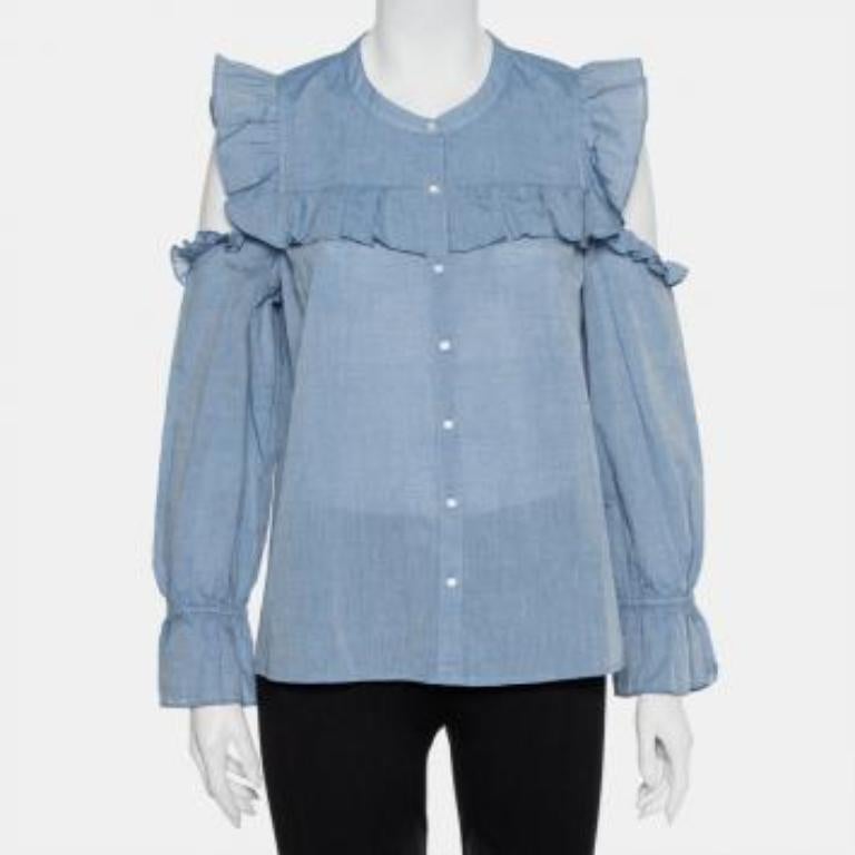 Joie Blue Cotton Cold Shoulder Ruffled Button Front Akari Top M For Sale 3