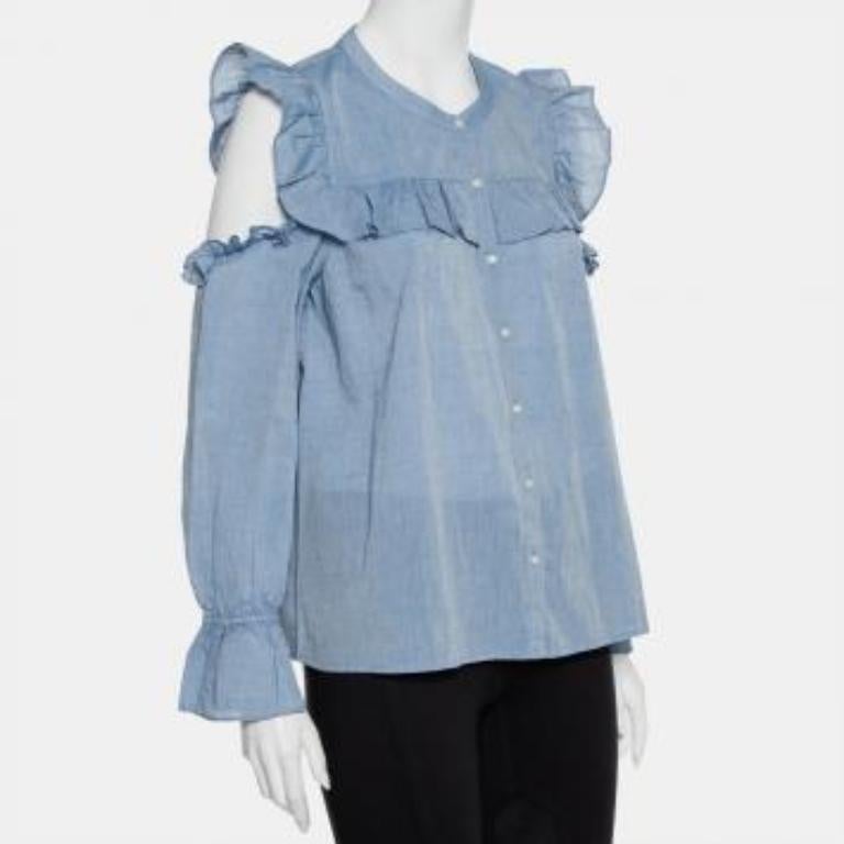 Joie Blue Cotton Cold Shoulder Ruffled Button Front Akari Top M For Sale 4