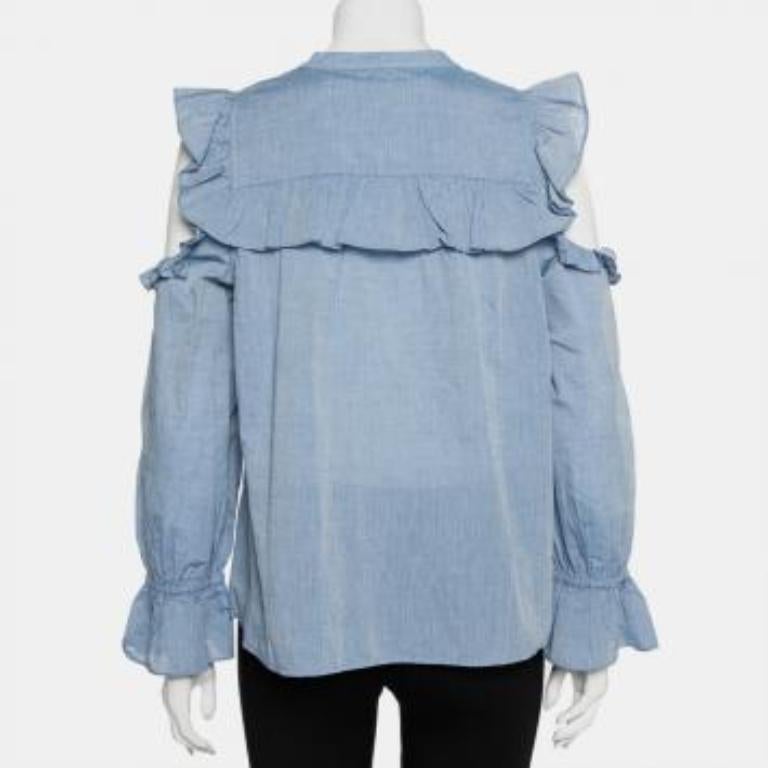 Joie Blue Cotton Cold Shoulder Ruffled Button Front Akari Top M For Sale 5