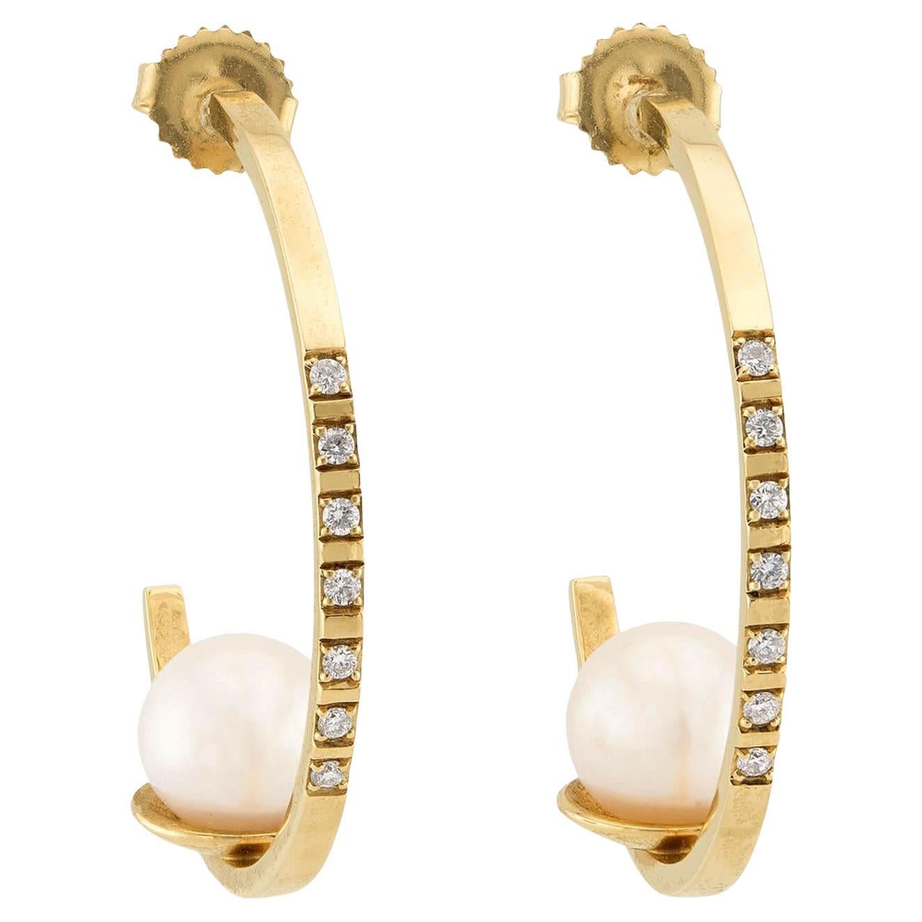 JOIE DIGIOVANNI Estate 14k Pearl 
Diamond Hoop Earrings en venta