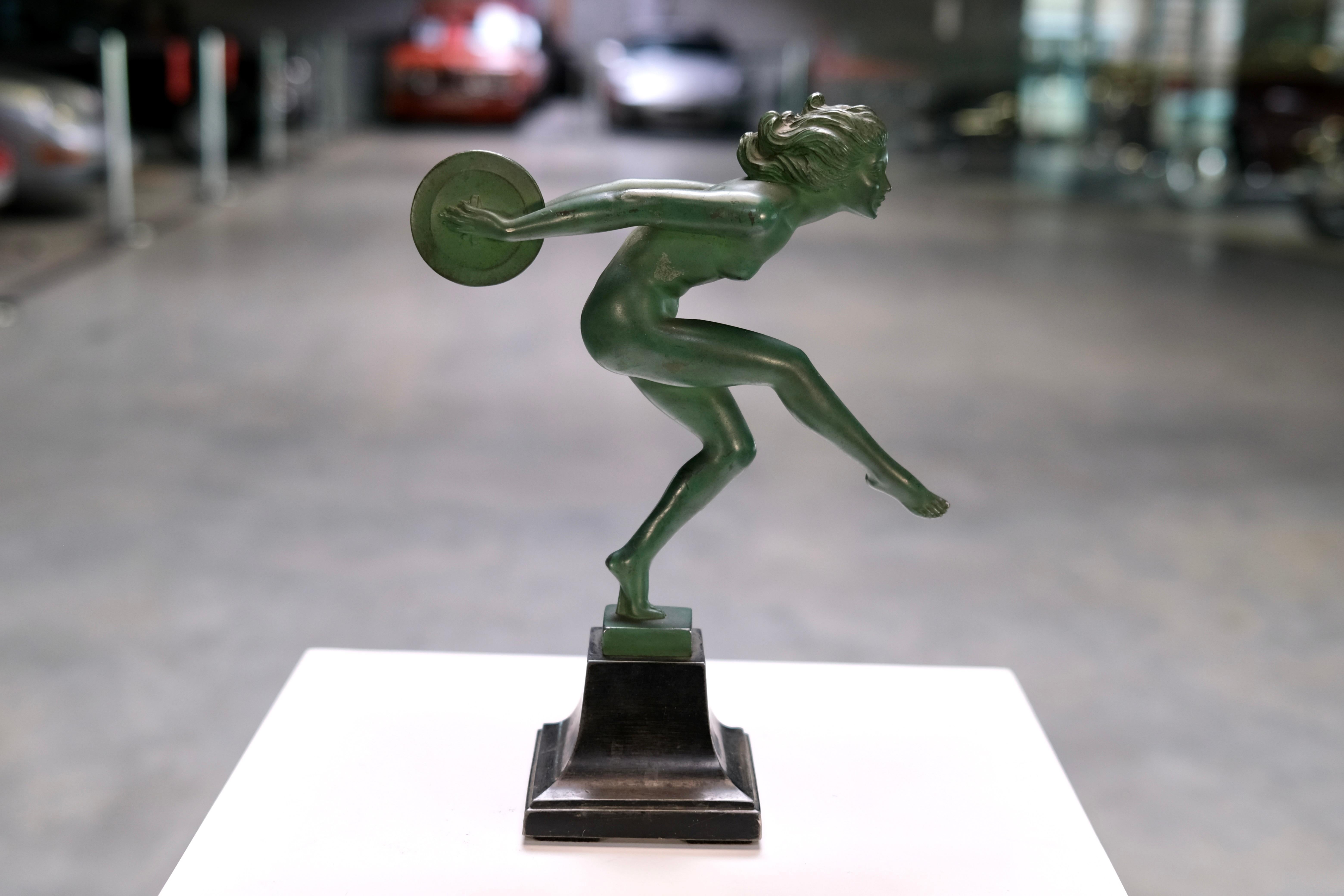 Patinated Joie French Art Deco Discus Dancer by Garcia for Max Le Verrier, France, 1940s For Sale