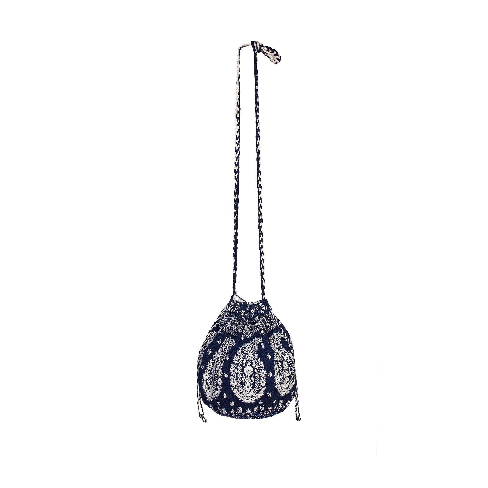 Product details: Joie - Embroidered Bucket Bag - Drawstring Closure - Plaited Strap Detail
Label: Joie
Fabric Content: Off White Embroidered Cotton Floral Top Stitching - Navy Textured Cotton / Main Bag 
Strap Length:
Width: 22”
Depth: