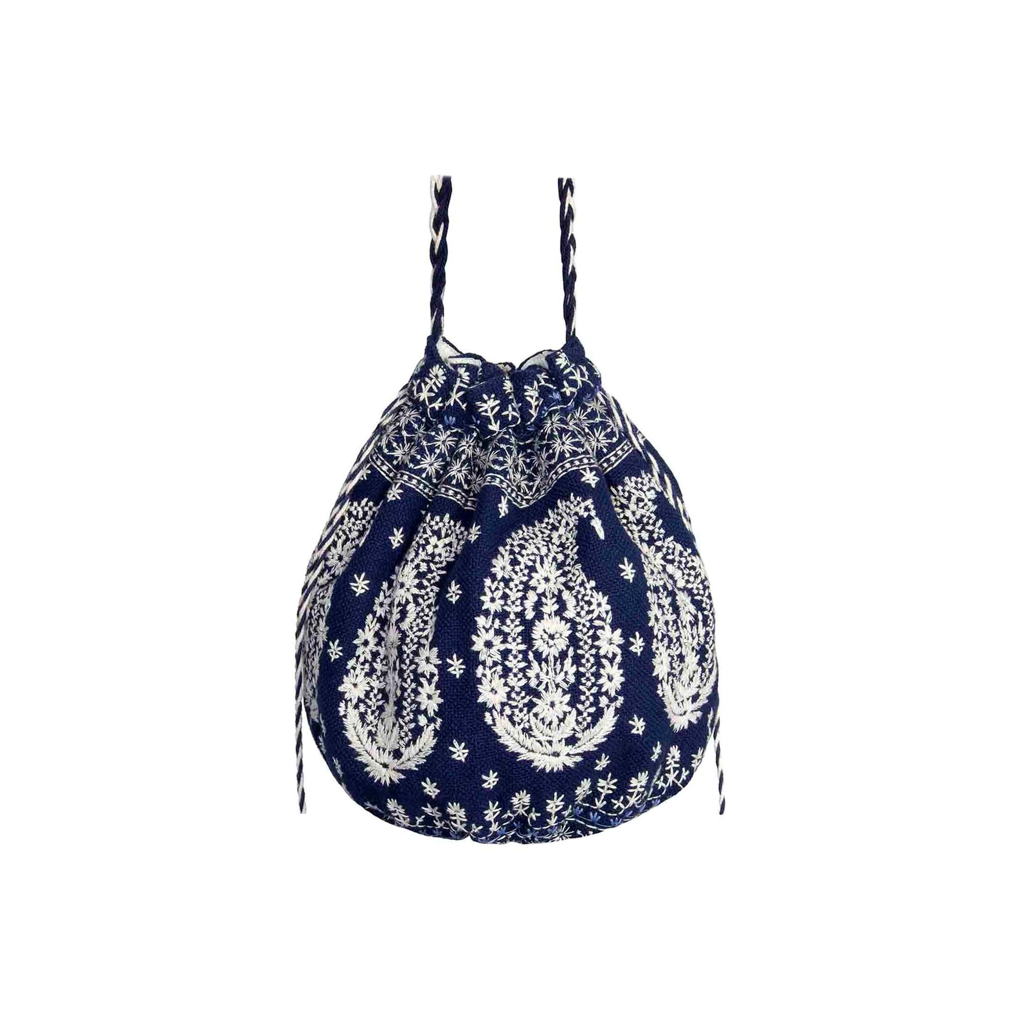 Joie Embroidered Bucket Bag Drawstring Closure Plaited Strap Detail