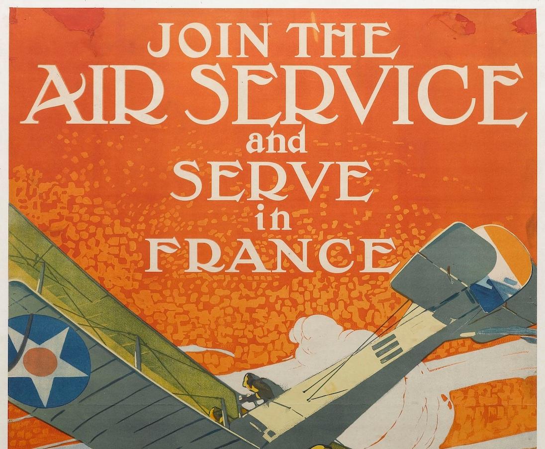 This is very scarce WWI recruiting poster for the Army Air Service. The poster dramatically features a two-man open cockpit biplane with American and French markings flying against a red sky background. In the foreground, two uniformed spotters look