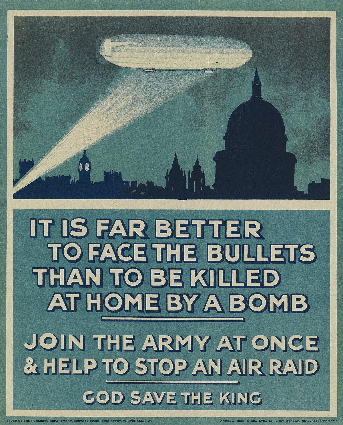 Affiche vintage de la Première Guerre mondiale britannique « Join the Army at Once & Help to Stop an Air Raid » (Suivez l'armée une fois et aidez à arrêter un raid aérien) Bon état - En vente à Colorado Springs, CO